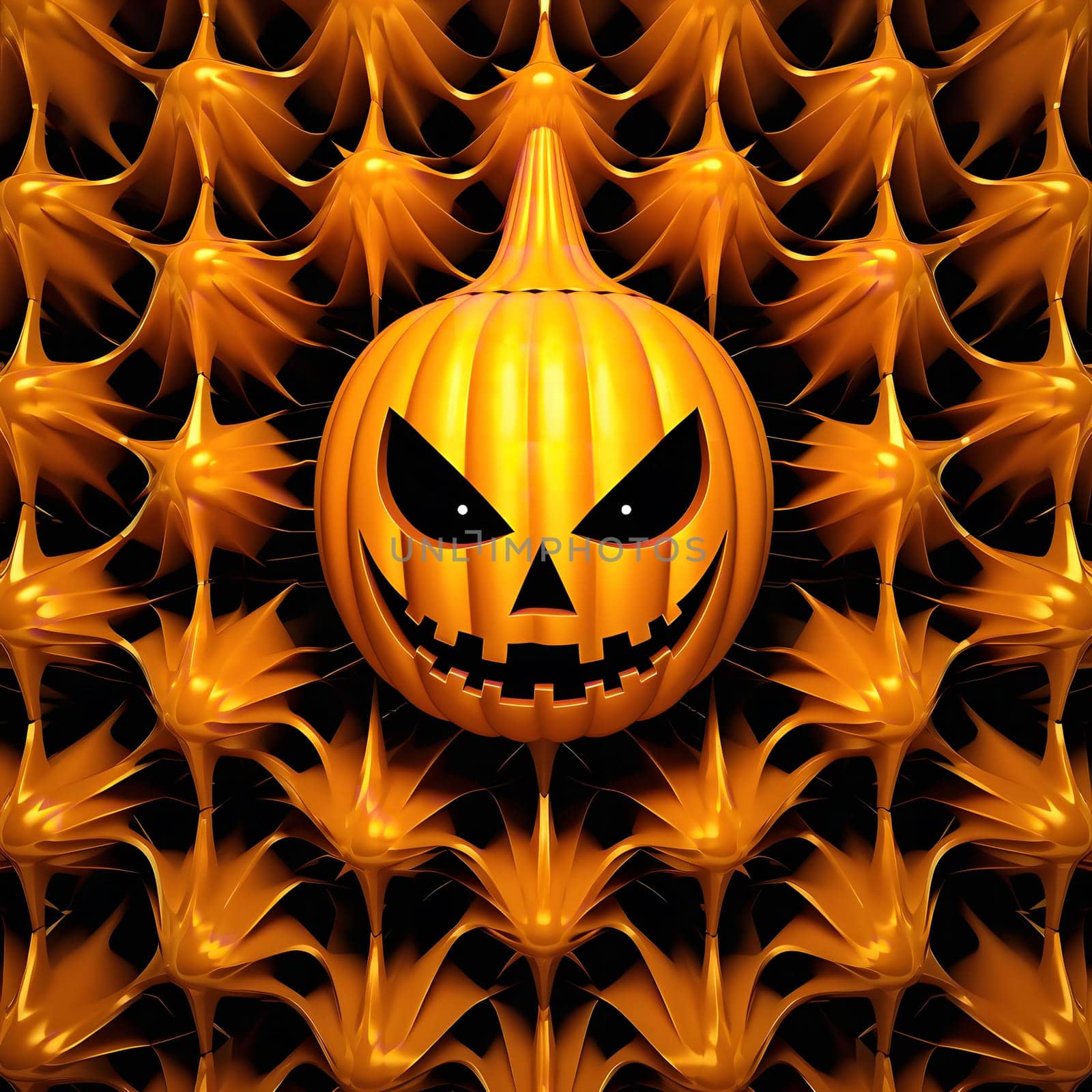 A 3D illustration of a spooky jack-o'-lantern pumpkin on a background of a web. The pumpkin has a scary grin and is surrounded by an intricate web of orange threads