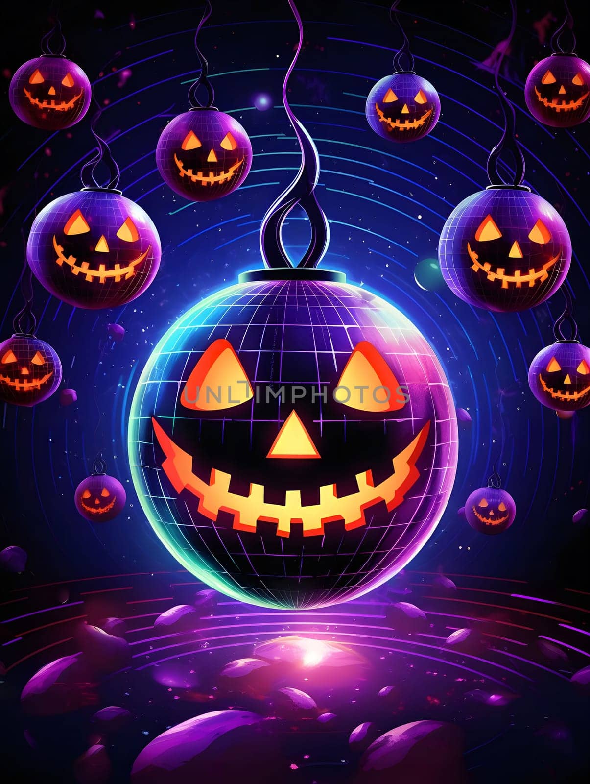 A digital illustration of a glowing disco ball shaped like a pumpkin jack-o-lantern, surrounded by smaller jack-o-lanterns for Halloween.