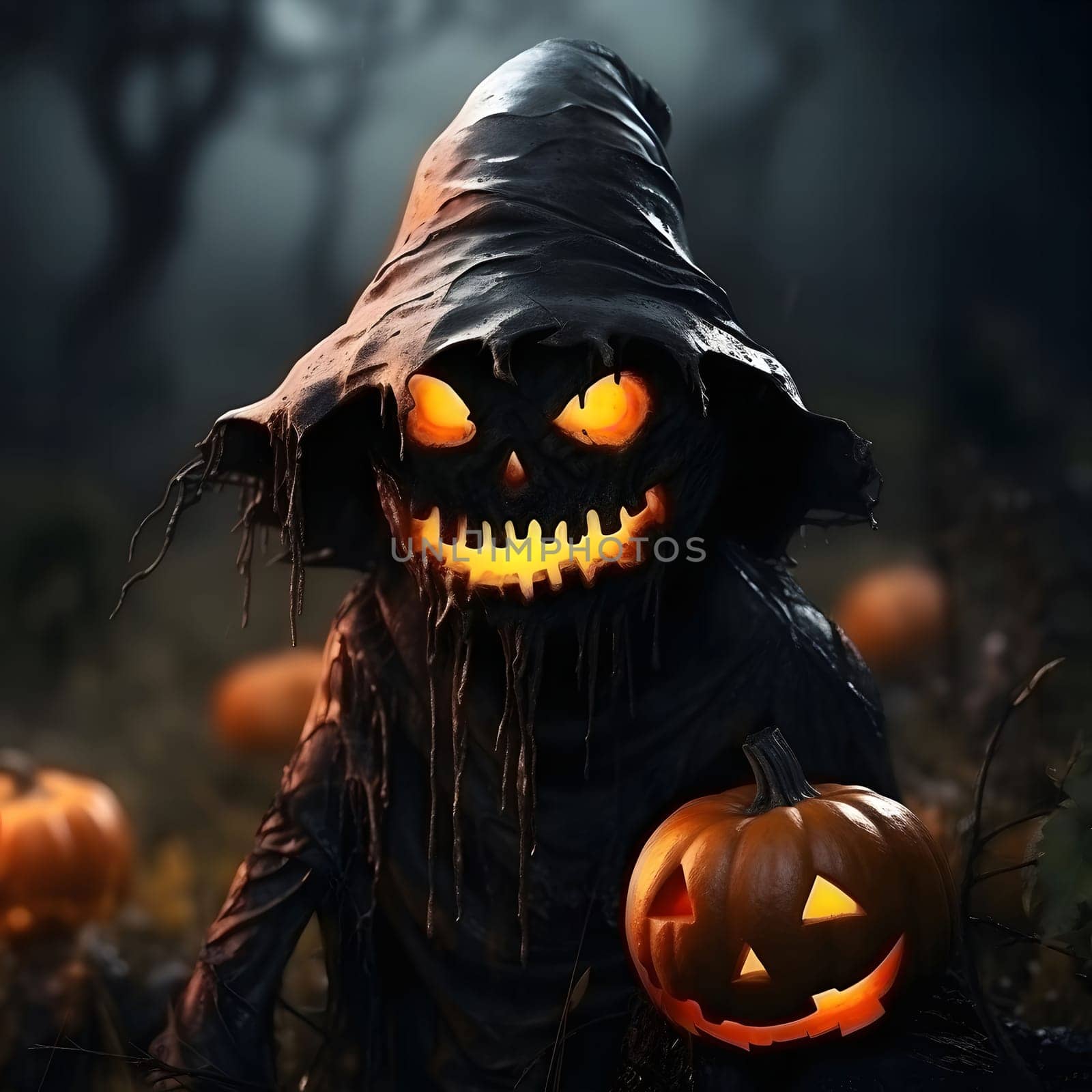 A spooky halloween scarecrow with a jack-o-lantern face stands in a dark forest.