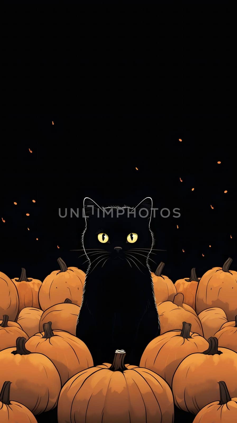 A black cat sits among a pile of pumpkins with a spooky and cute vibe.