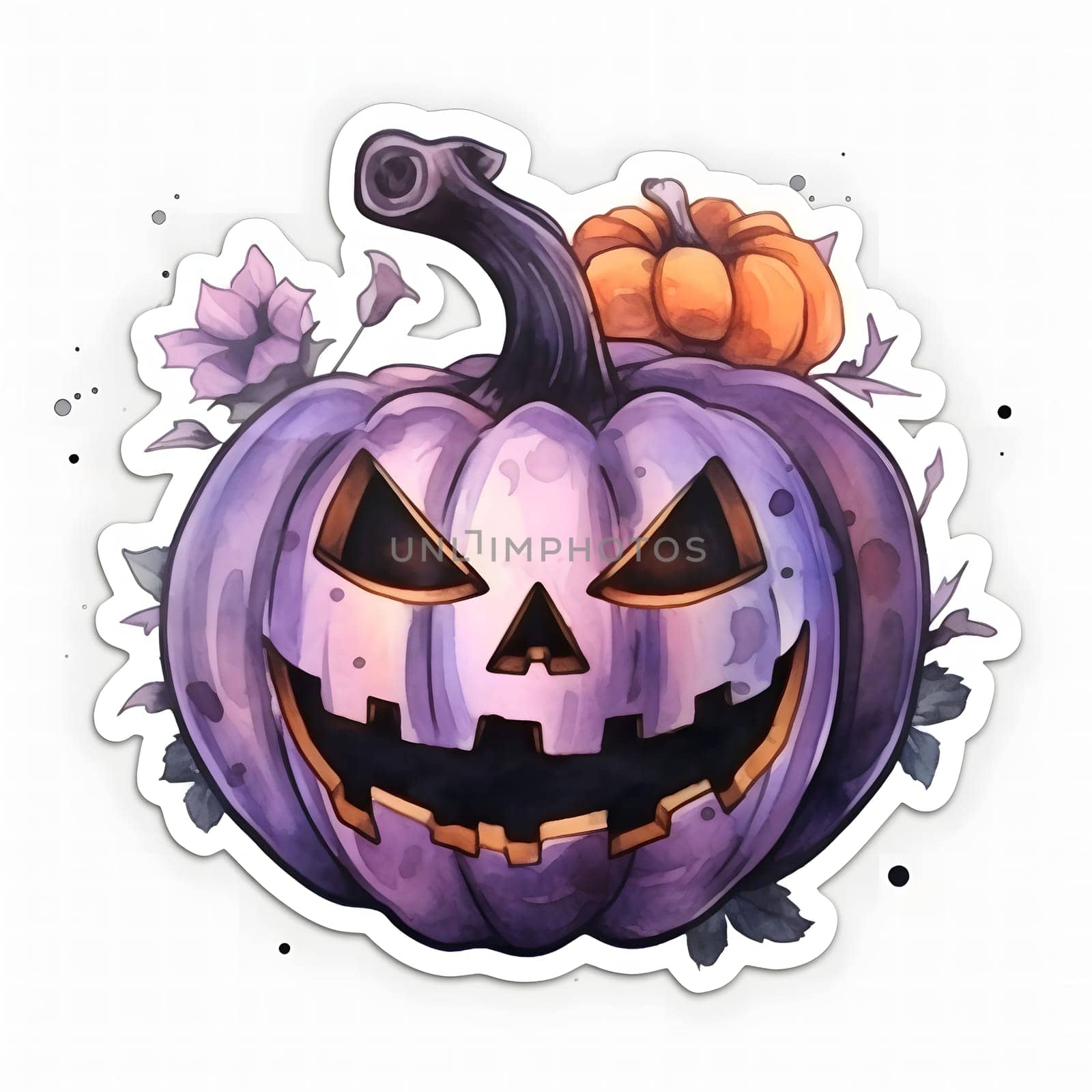 A purple Jack-o'-Lantern with a toothy grin and orange stem, surrounded by leaves and flowers, a watercolor illustration.