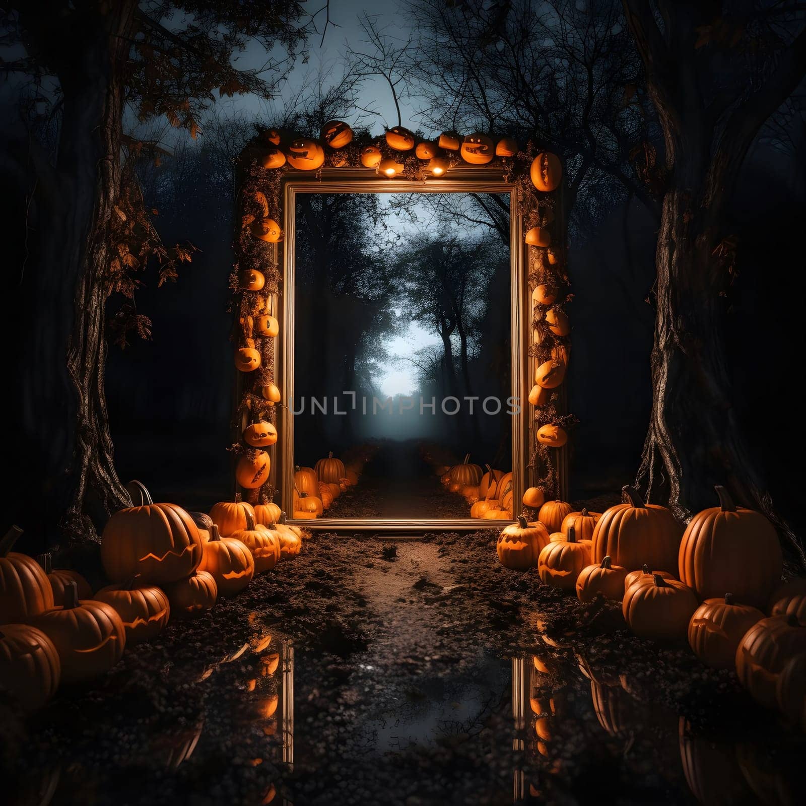 A spooky forest scene with a golden frame adorned with pumpkins that leads to a mysterious path.