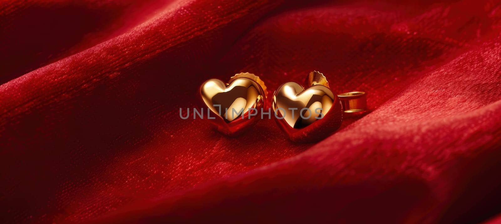 Elegant gold heart-shaped earrings rest on vibrant red velvet fabric, illuminated by soft lighting. the luxurious design is ideal for valentine's day promotions, leaving ample space for personalized text or branding.