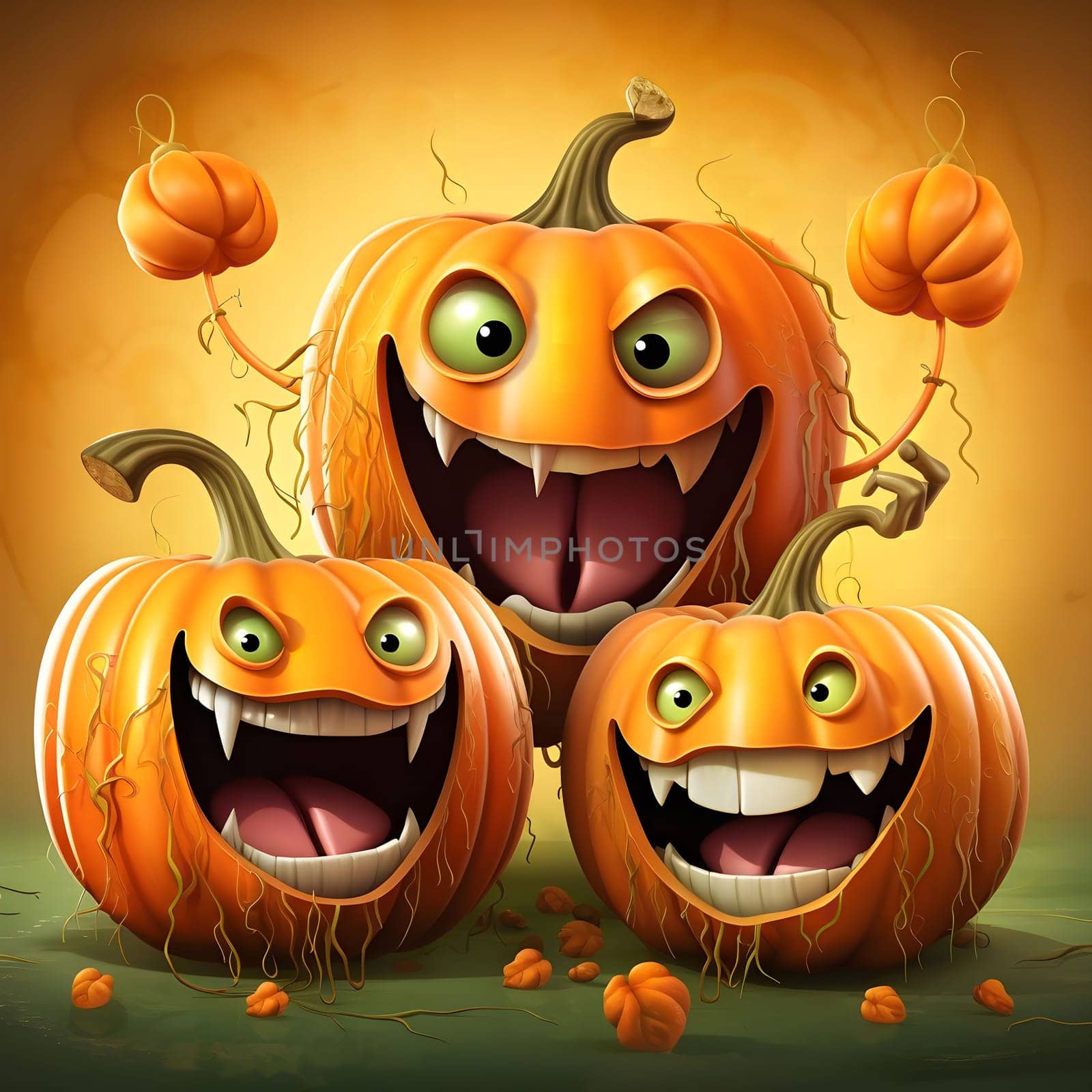 Three grinning pumpkins with big toothy smiles, each with a distinct personality.