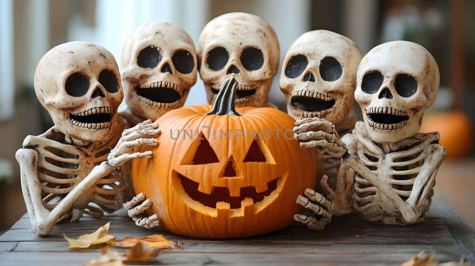 Skeletons surround a jack-o-lantern pumpkin, creating a festive and spooky scene.