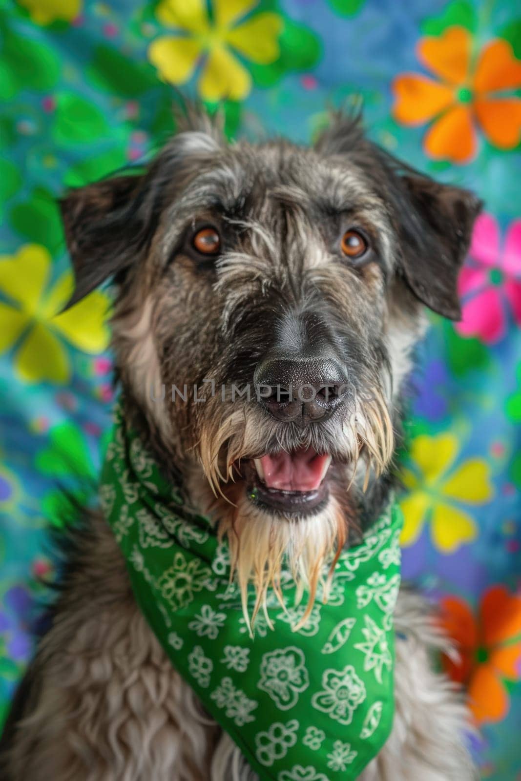 Irish wolfhound wearing a green bandana stands against a vibrant st. patrick's day backdrop filled with colorful shamrocks and clovers. the scene embodies the festive spirit and joyful celebration of the holiday.