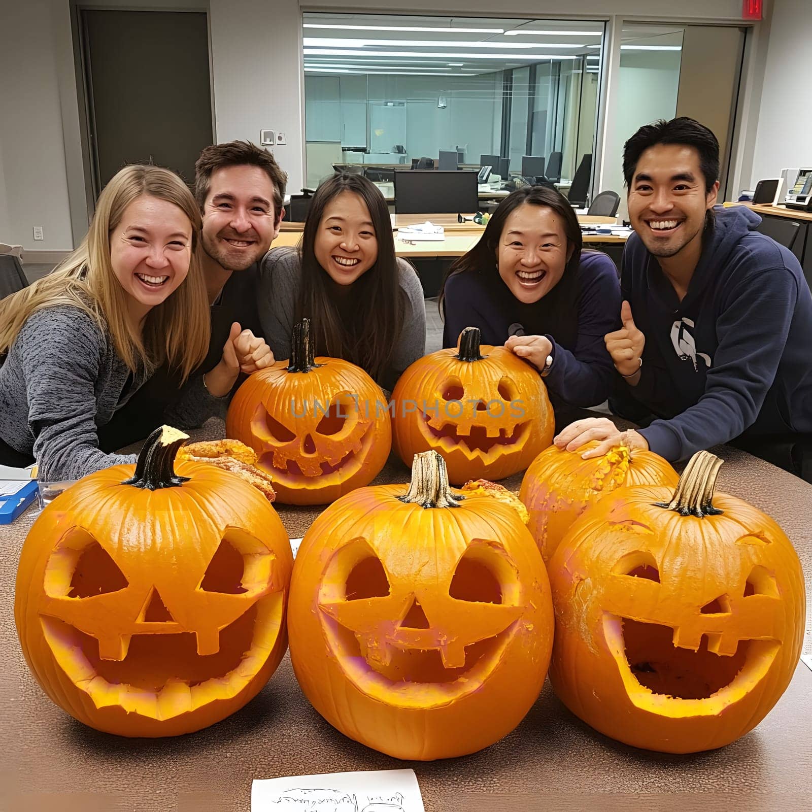 A group of friends celebrate Halloween with carved pumpkins, displaying joy and camaraderie.
