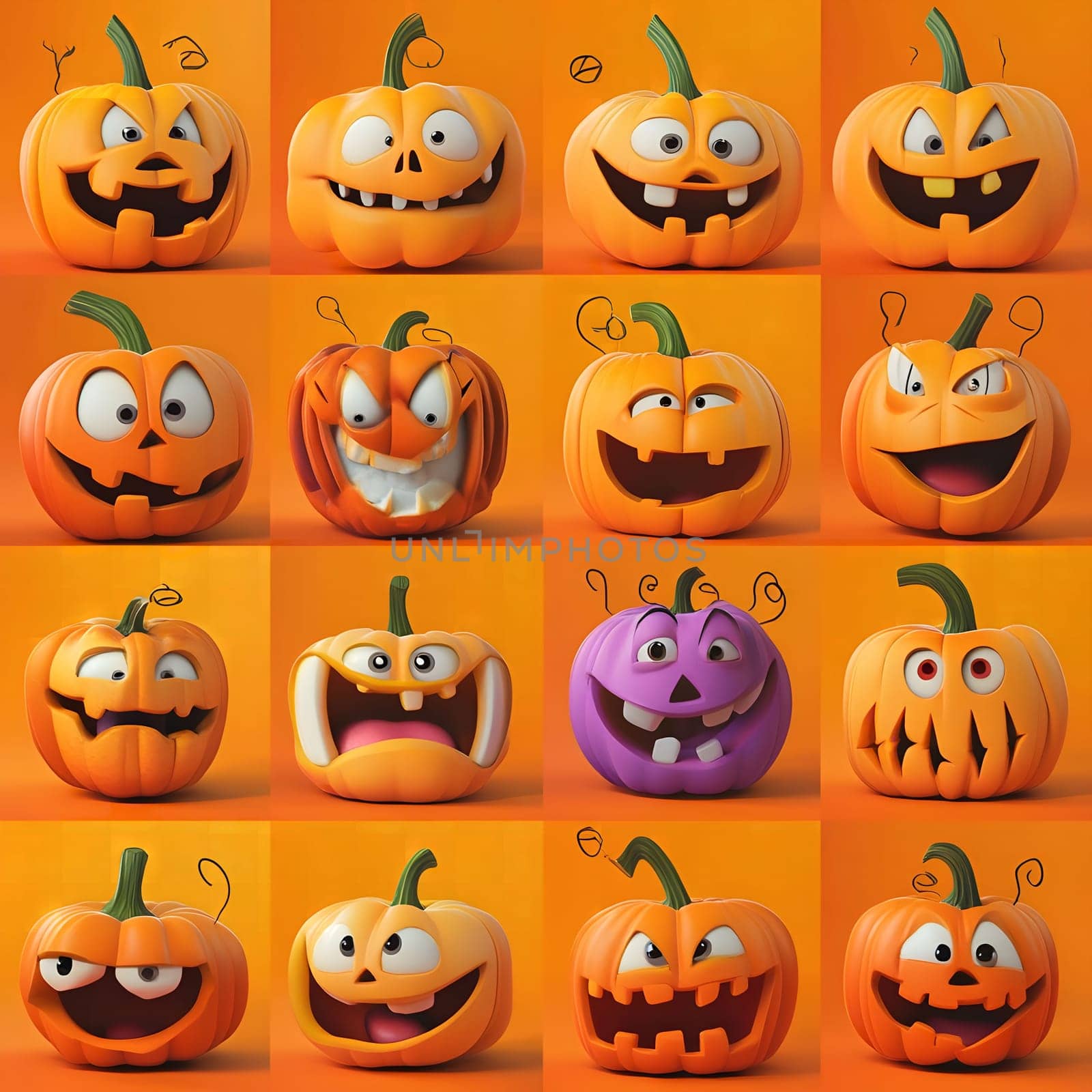 A collection of 16 funny and spooky pumpkins, ready to celebrate Halloween.