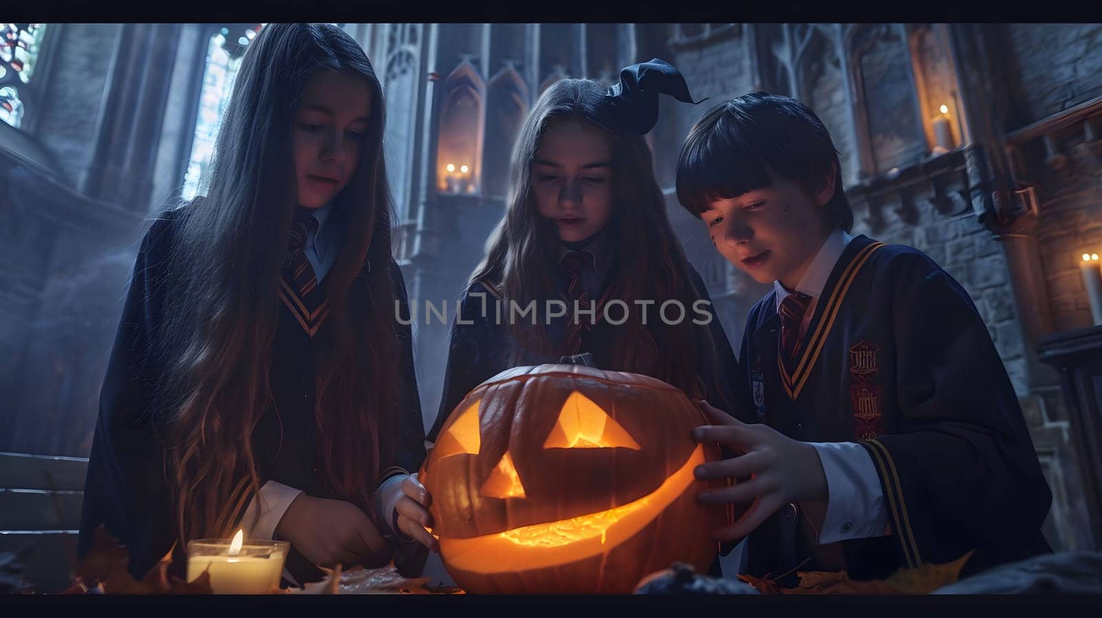 Three children dressed in robes are gathered around a lit jack-o'-lantern surrounded by candles in a dimly lit setting.