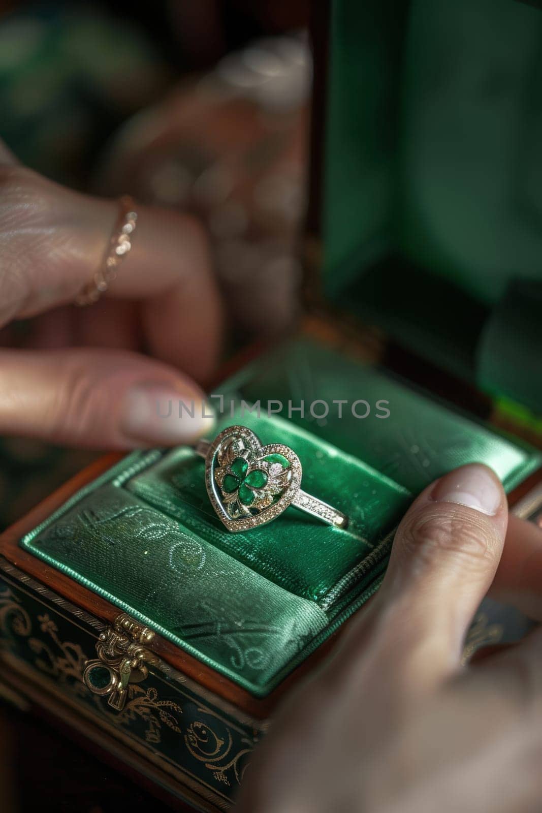 A detailed close-up of a claddagh ring symbolizing love and friendship, set in a green satin jewelry box with shamrock accents. the heart, crown, and hands design reflects irish heritage and tradition.