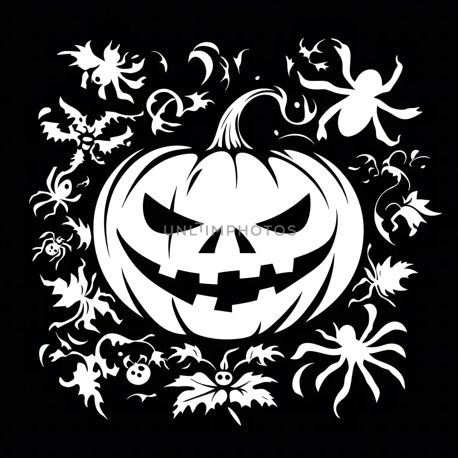 A black and white illustration of a spooky jack-o'-lantern surrounded by spiders. The design is perfect for Halloween cards and decorations.