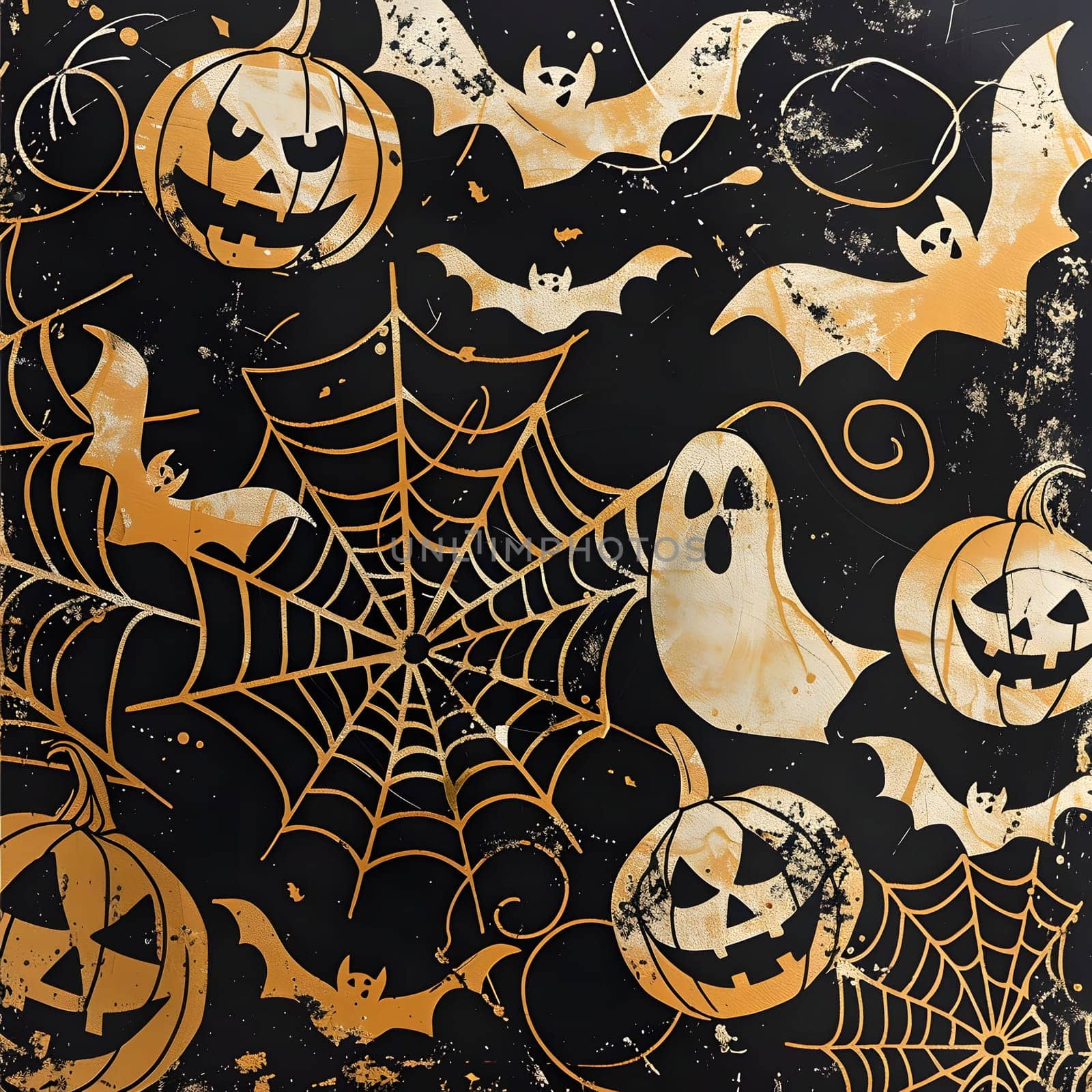 A Halloween themed illustration featuring pumpkins, bats, a ghost, and a spiderweb on a black background.