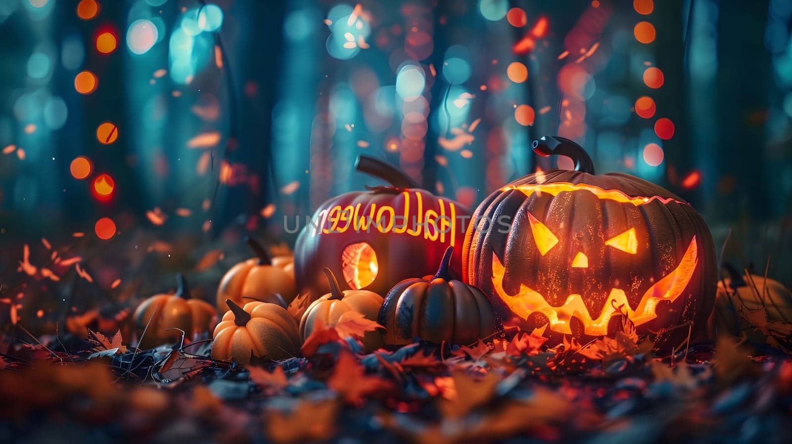A group of jack-o-lanterns, illuminated by candlelight, sit in the forest on a Halloween night.