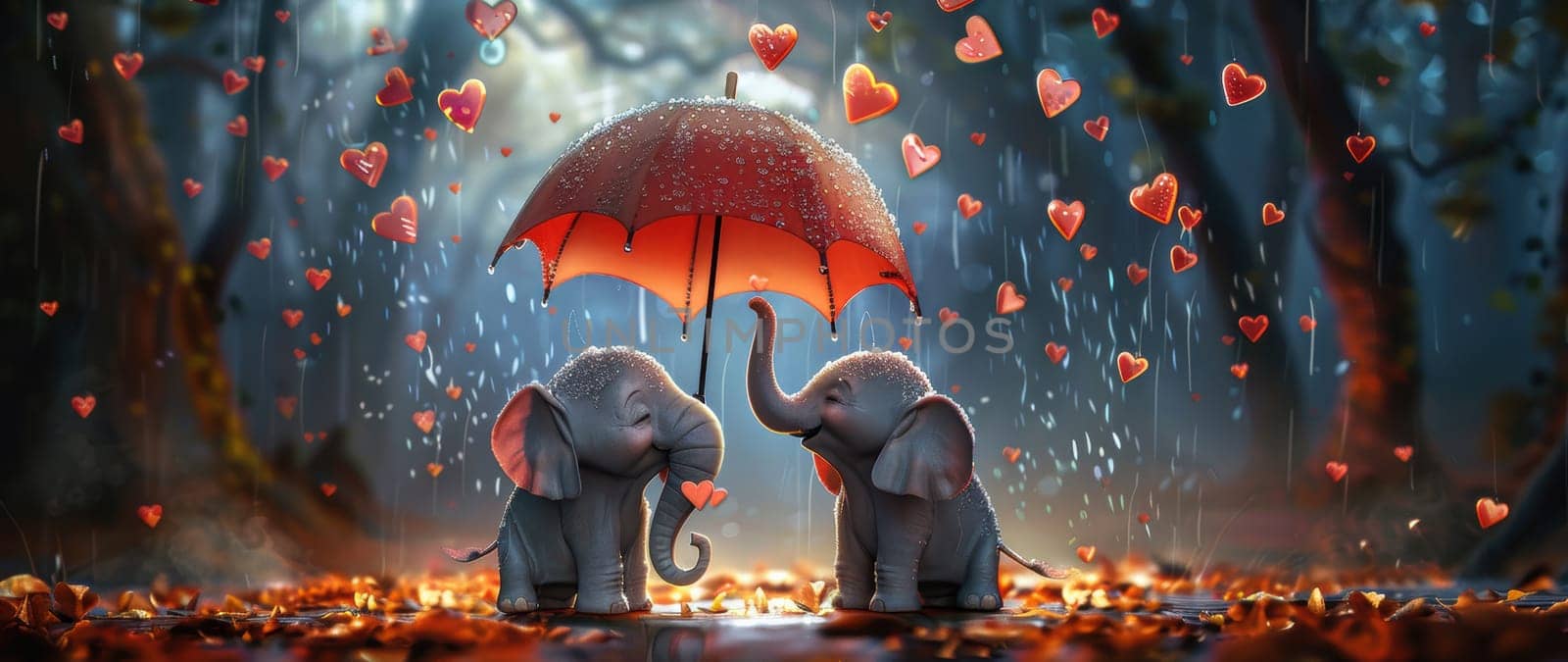 Whimsical valentine's card featuring two elephants under a heart-shaped umbrella. heart-shaped raindrops fall around them, creating a charming, playful scene perfect for romantic and cute greeting card designs.