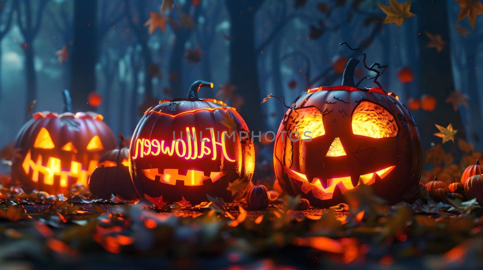 Three glowing jack-o-lanterns illuminate a spooky forest setting.