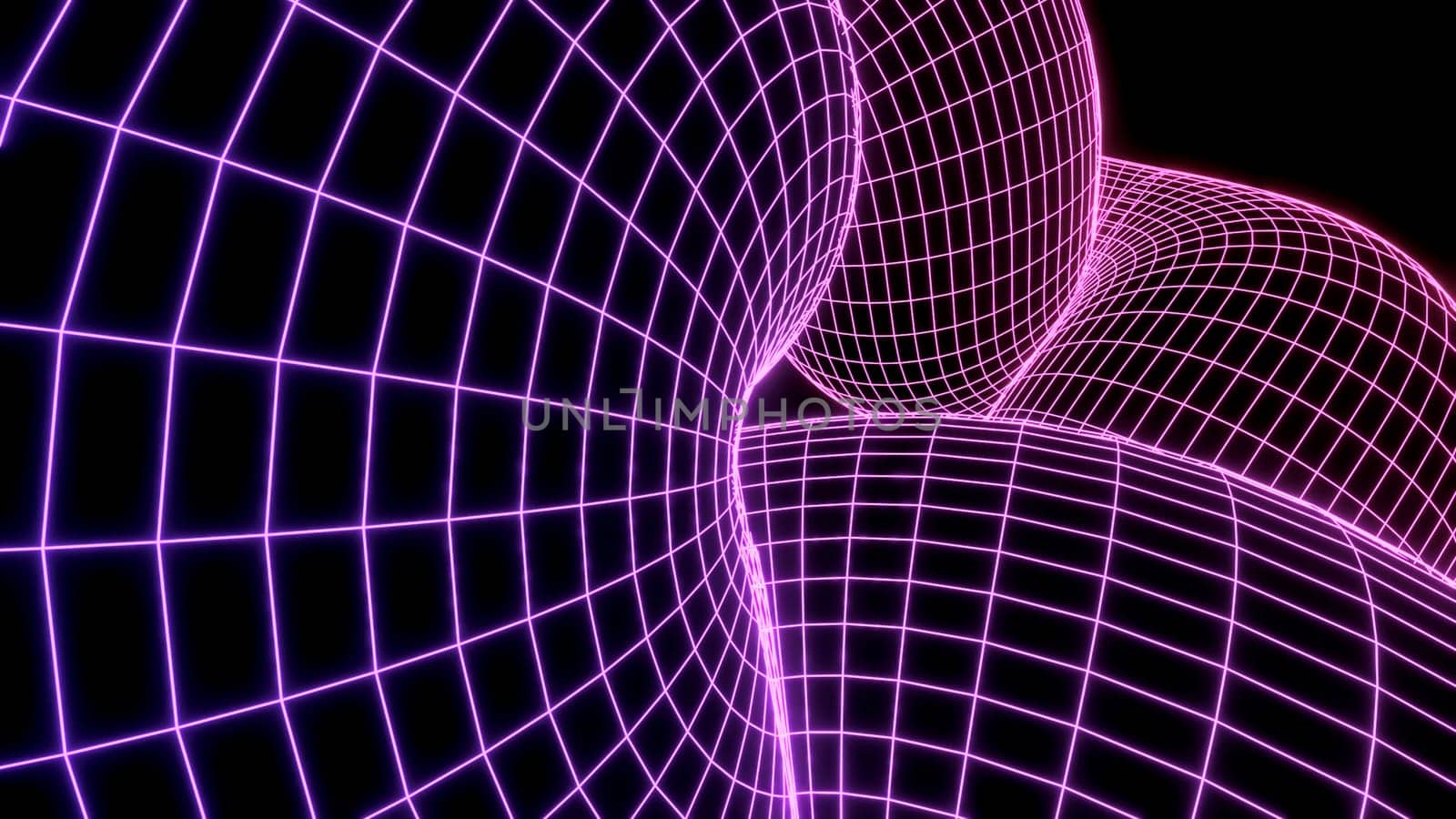 Cyber grid moves in curves. Design. Cybernetic grid in retro style moves on swirling shapes. Computer cyber grid moves in three-dimensional shapes on black background.