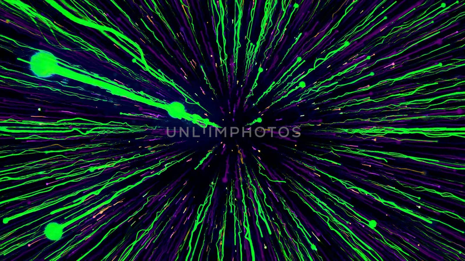 Beautiful stream of glowing colorful rays on black background. Motion. Dive into cosmic hyper-jump with bright energy lines. Glowing colorful cosmic stream rays.