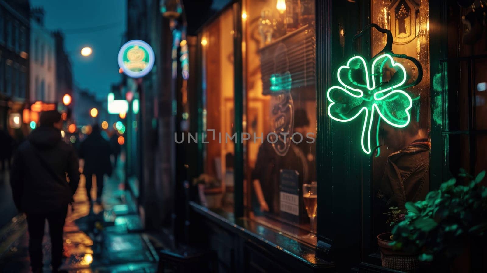 Vibrant neon shamrock illuminates an irish pub window, with bustling city streets outside. people walk by, adding to the lively st. patrick's day atmosphere, creating a festive, urban nightlife scene.