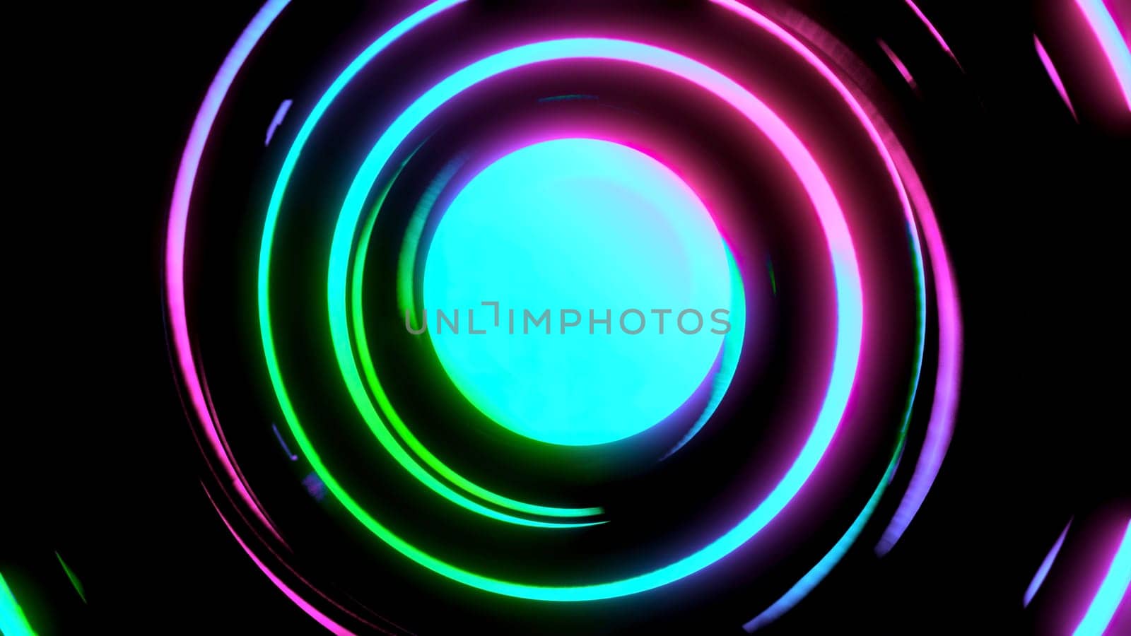 Colorful 3d loading circle. Design. Stylish animation with circle of colorful lines. Colorful glowing lines rotate rapidly around circle.