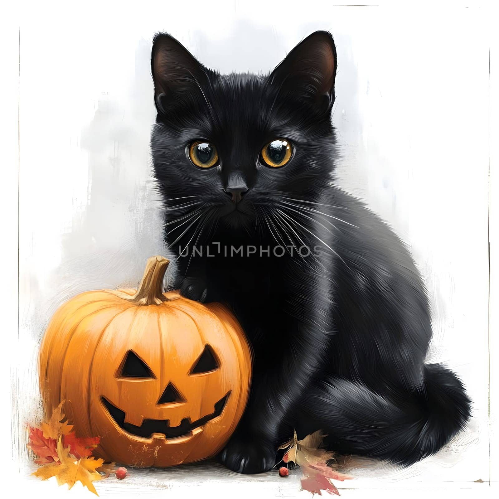 A black cat sits next to a jack-o'-lantern.