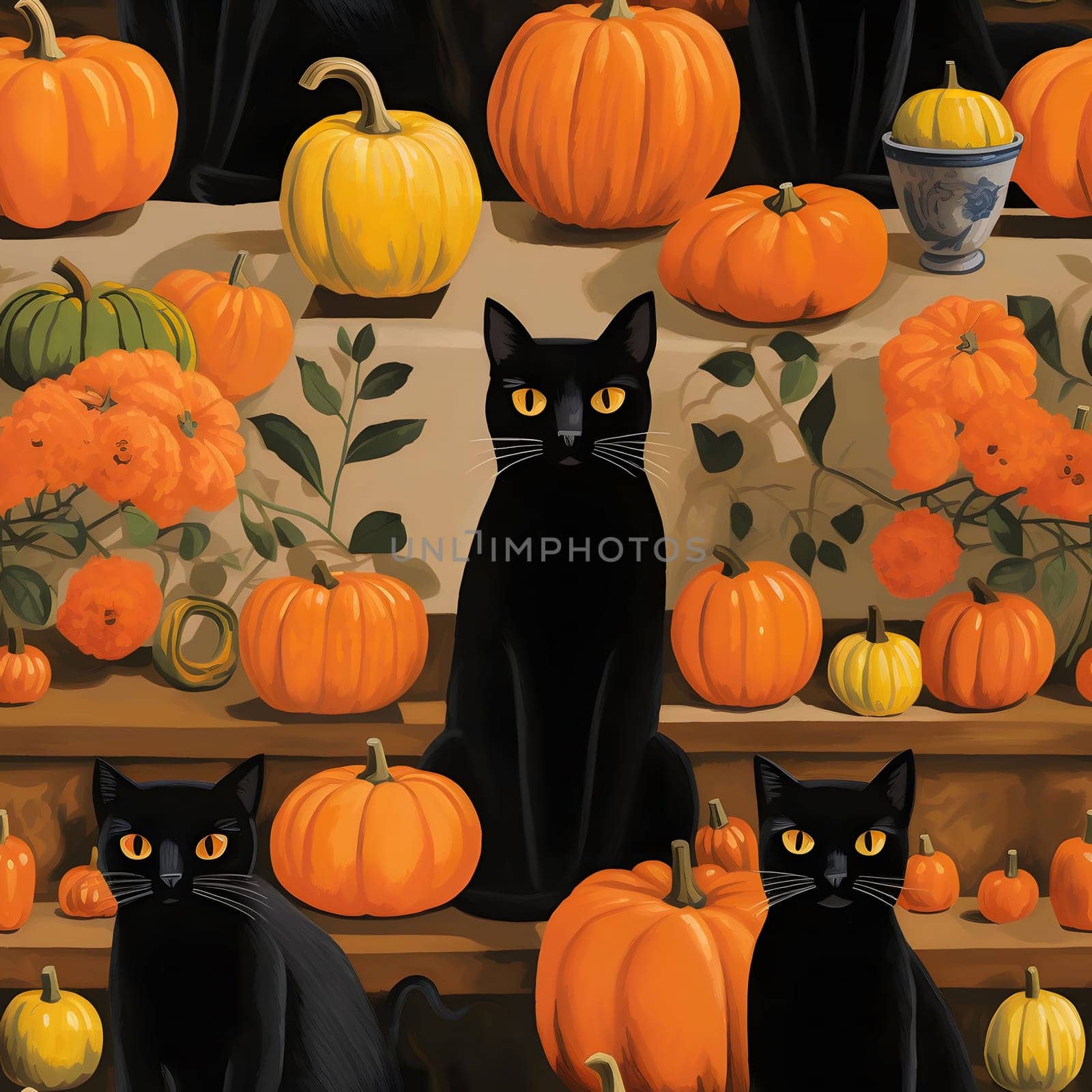 Three black cats with pumpkins and fall foliage, a Halloween still life painting.