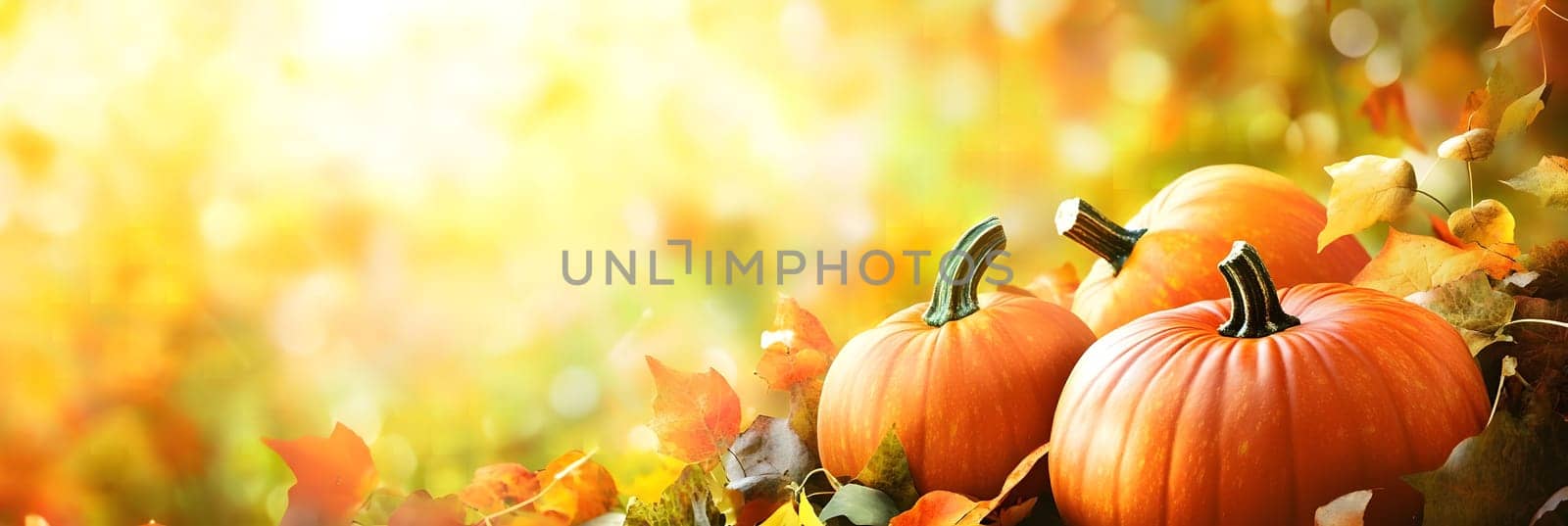 Close-up of pumpkins in autumn foliage with warm sunlight. The pumpkins are orange and ripe, surrounded by leaves. The image captures the beauty and vibrancy of the fall season.