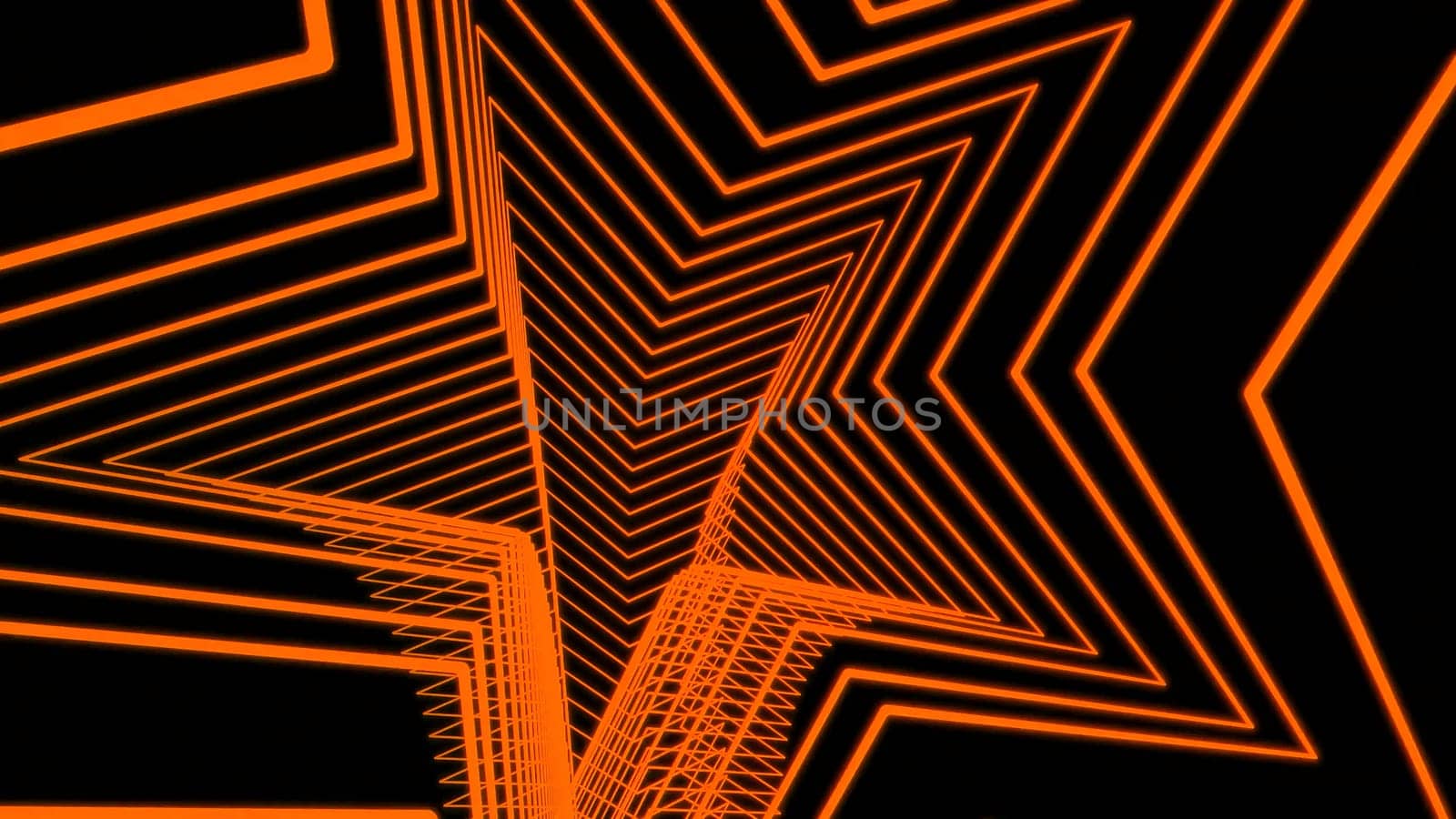 Moving tunnel of lines in shape of star. Design. Beautiful tunnel in shape of star on black background. Tunnel is star in looped motion in dark space.
