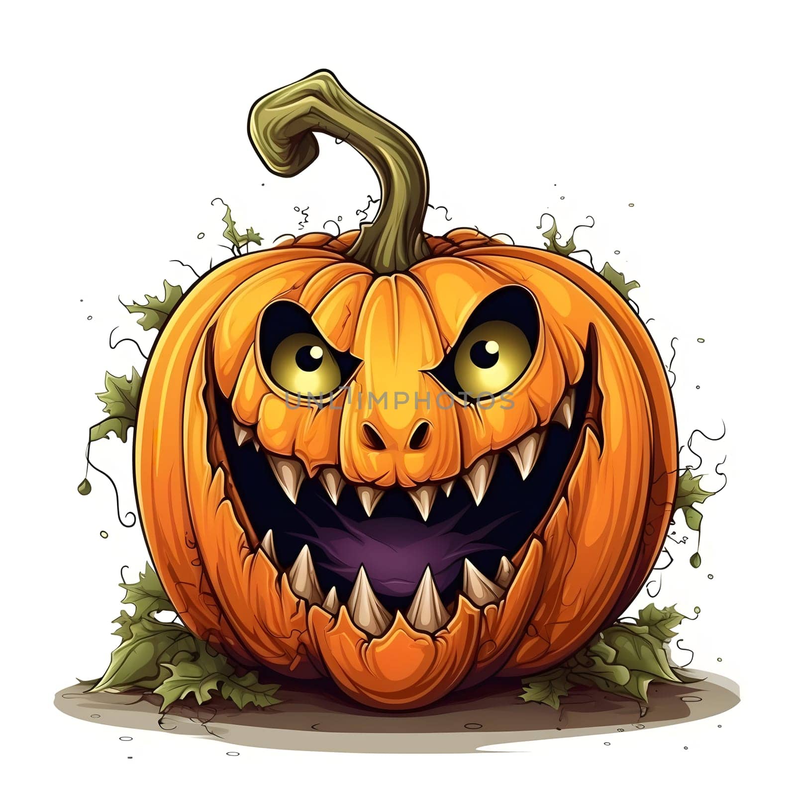 An illustration of a menacing jack-o-lantern with sharp teeth, yellow eyes, and an angry grin. The pumpkin is isolated against a white background.
