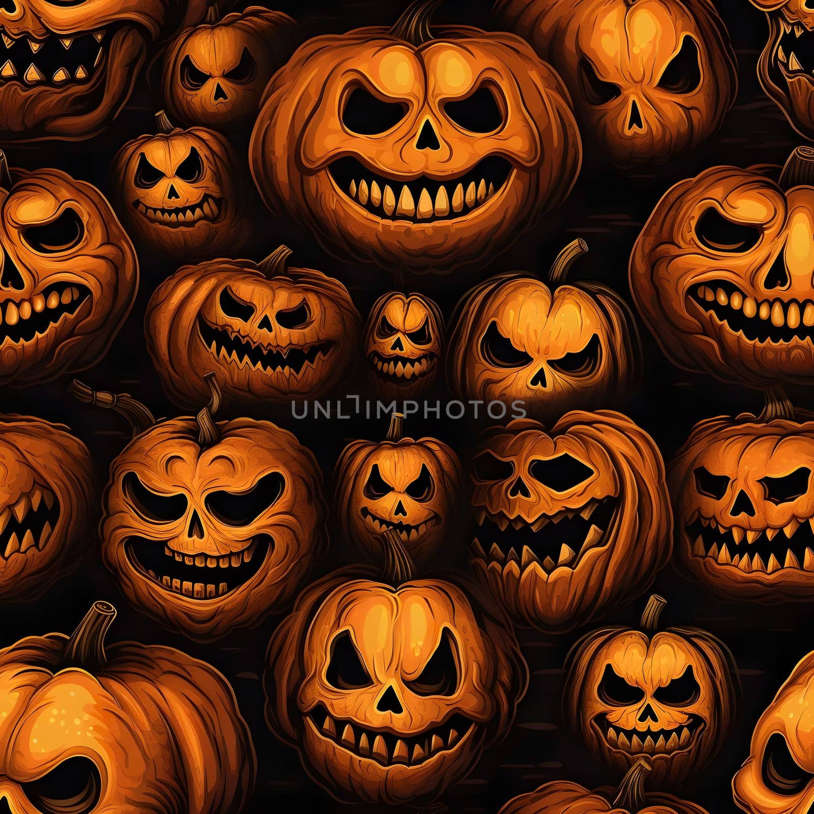 A spooky seamless pattern featuring jack-o'-lantern pumpkins with carved faces against a black background. Perfect for Halloween themed decorations, prints, and designs.