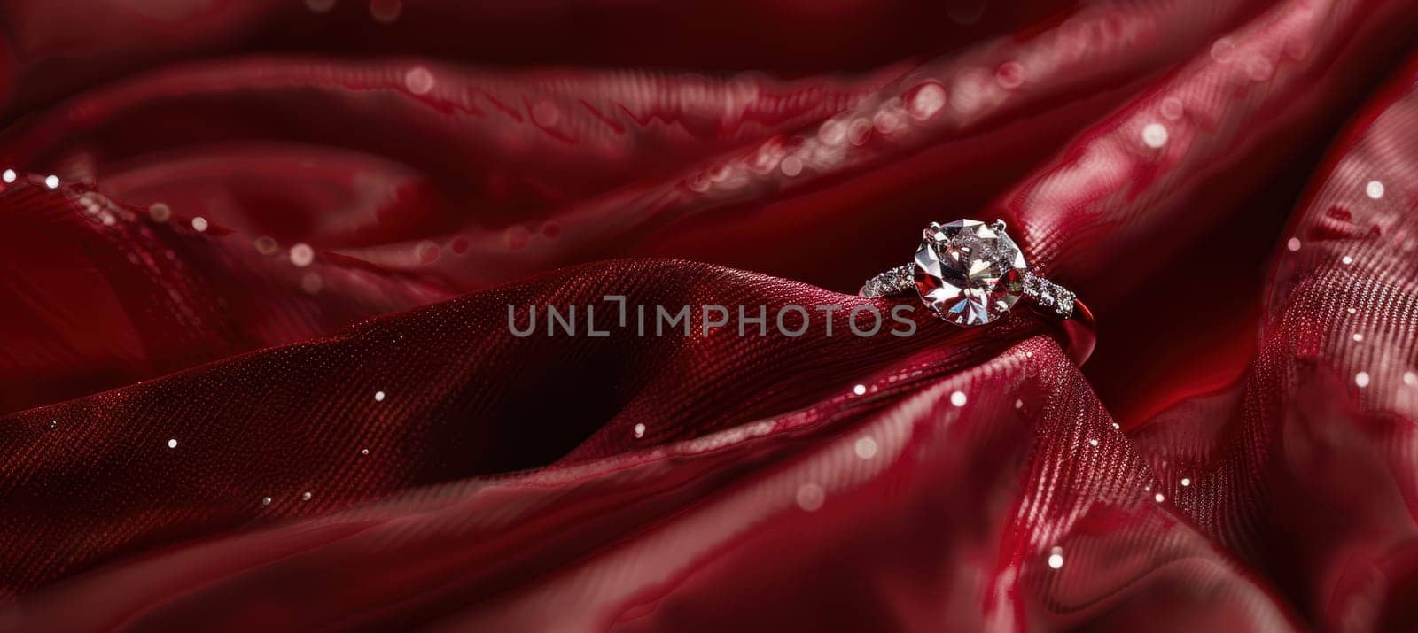 A luxurious valentine's day banner showcasing a diamond engagement ring atop red velvet fabric. gentle light enhances the sparkle of the gem, opulence and romance. perfect for holiday-themed designs or invitations.