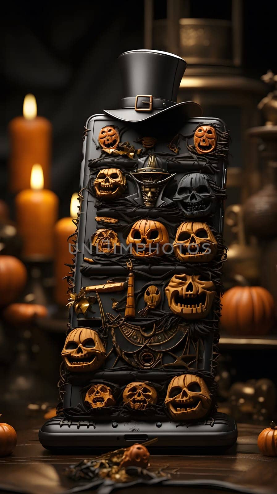 A black phone case decorated with spooky halloween imagery, including skulls and pumpkins.