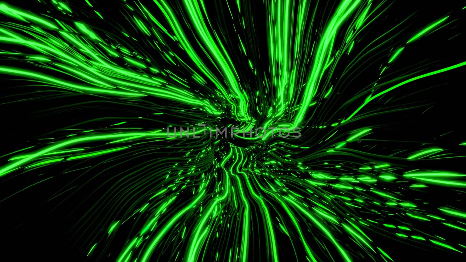 Neon lines in perspective are distorted. Design. Failure with distortion of neon centralized lines. Bright lines moving towards center are distorted by wavy streams. Matrix distortions.