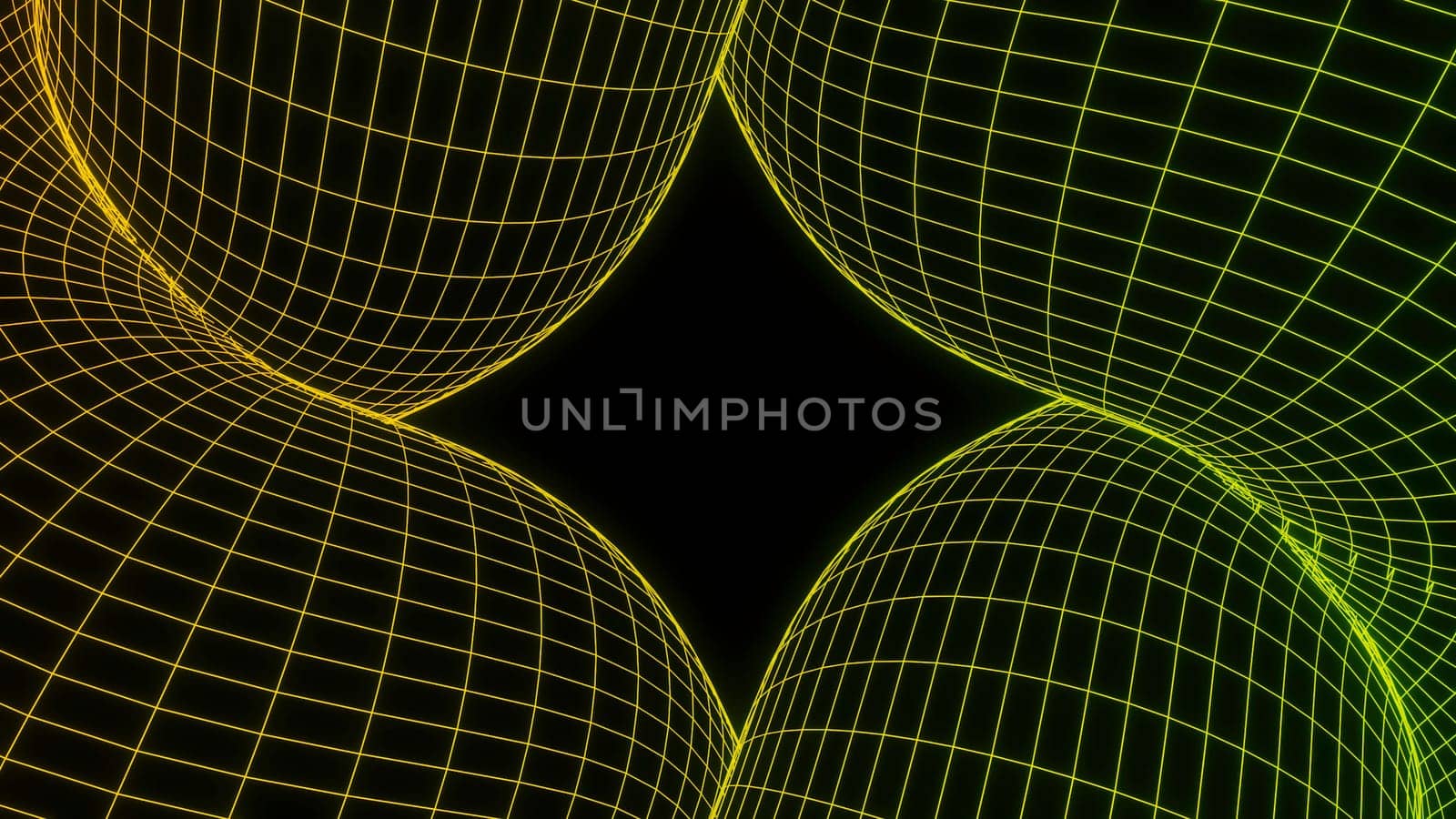 Grid with 3d shapes on black background. Design. Grid figure in computer retro style. Retro mesh moves in shape of bulges.
