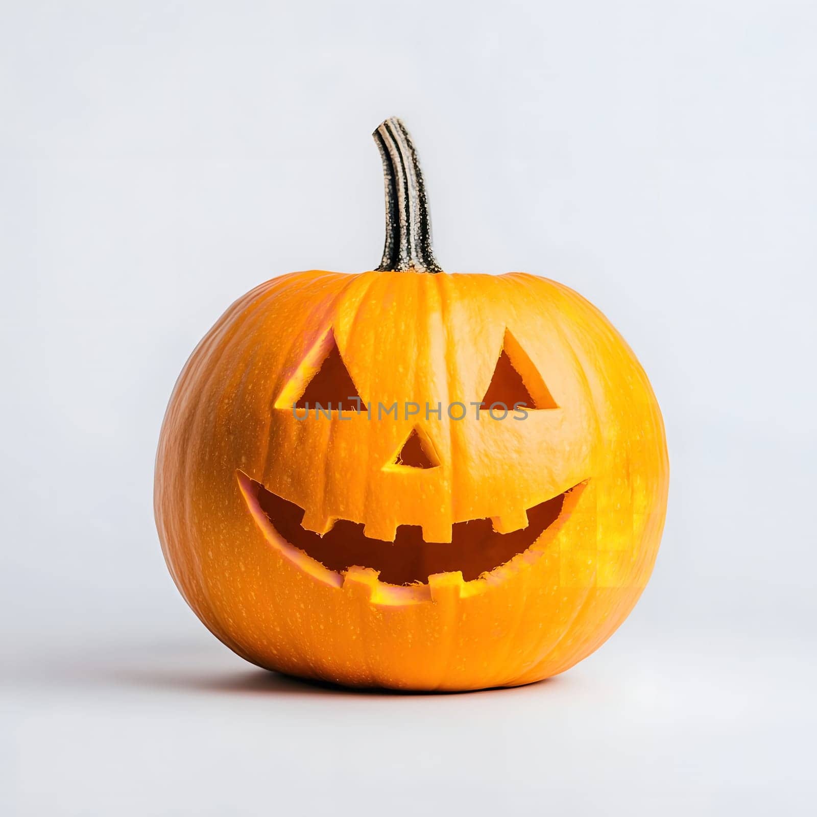 A close-up of a carved pumpkin jack-o'-lantern with a wide grin, perfect for Halloween decorations.