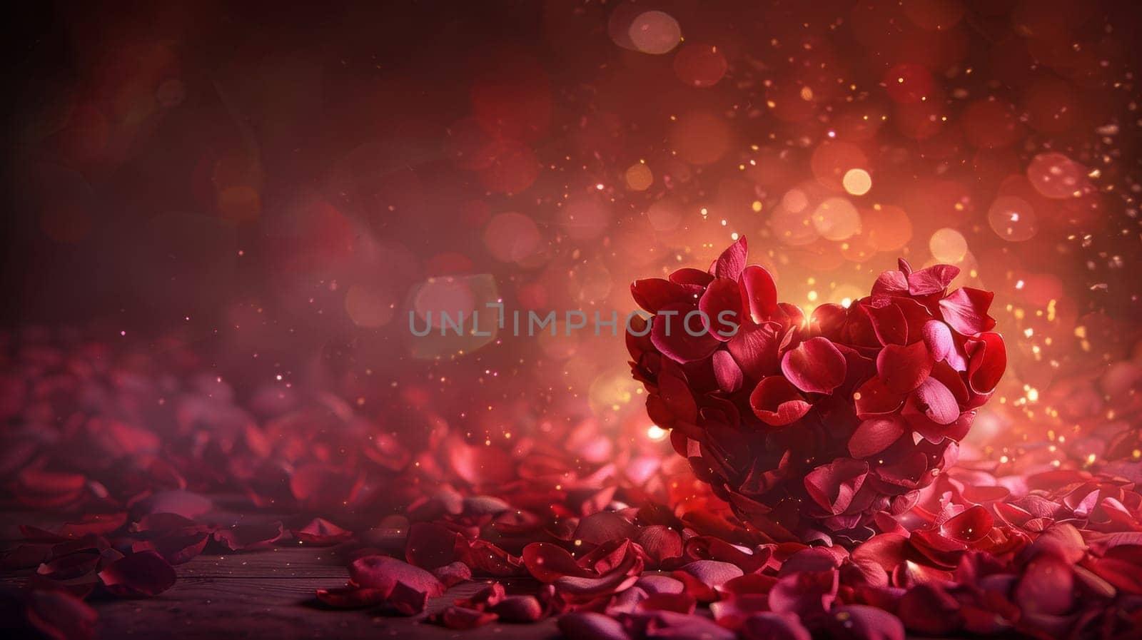 A deep crimson background highlights a heart made of rose petals, surrounded by soft golden light. this elegant design radiates romance, perfect for valentine's day-themed cards and decorations.