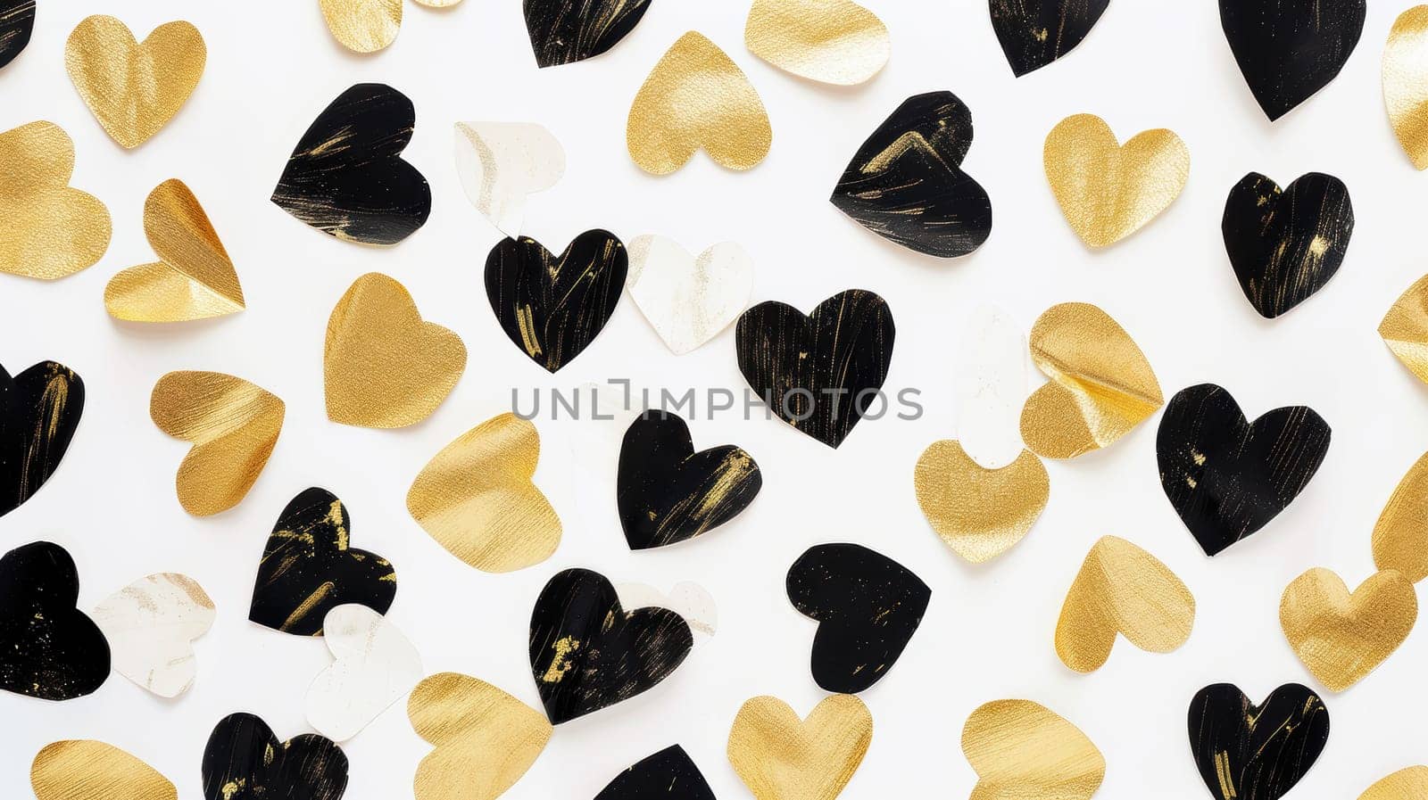 Elegant valentine’s day greeting card showcasing scattered gold and black heart shapes on a sleek white backdrop. this minimalist design offers a luxurious and contemporary feel, ideal for sophisticated romantic occasions.