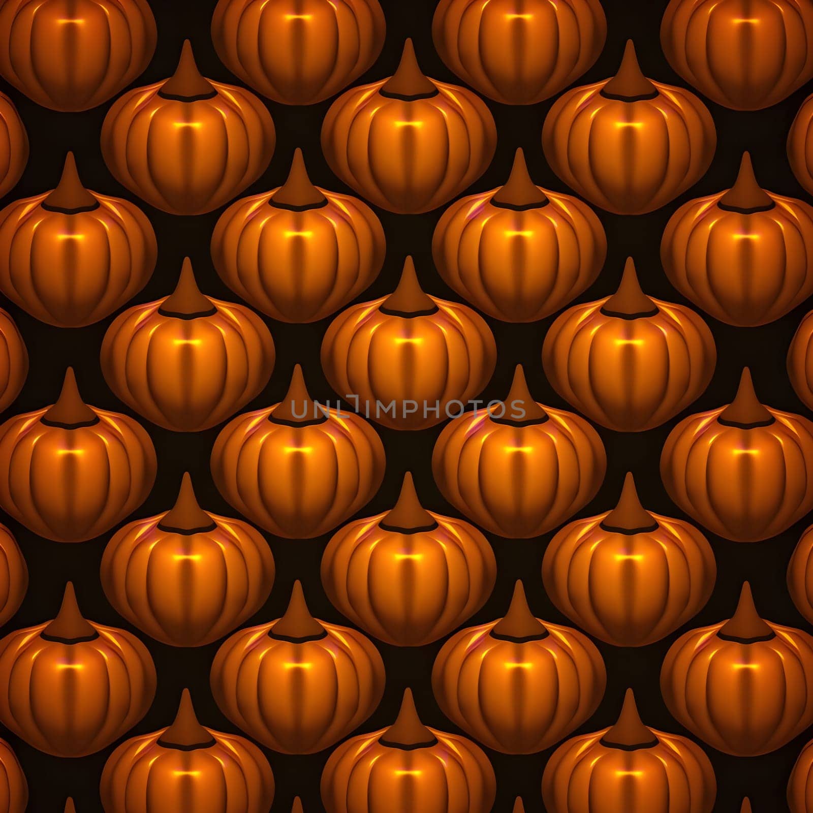An orange pumpkin pattern repeating on a black background. The pumpkins are glossy and have a shiny appearance.