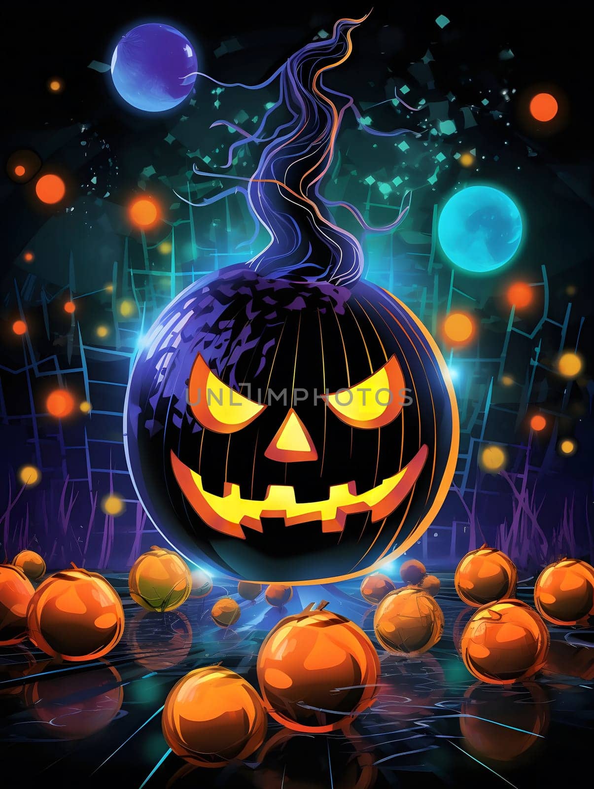 A grinning jack-o-lantern with a glowing face sits in a dark forest filled with lights and spooky energy.