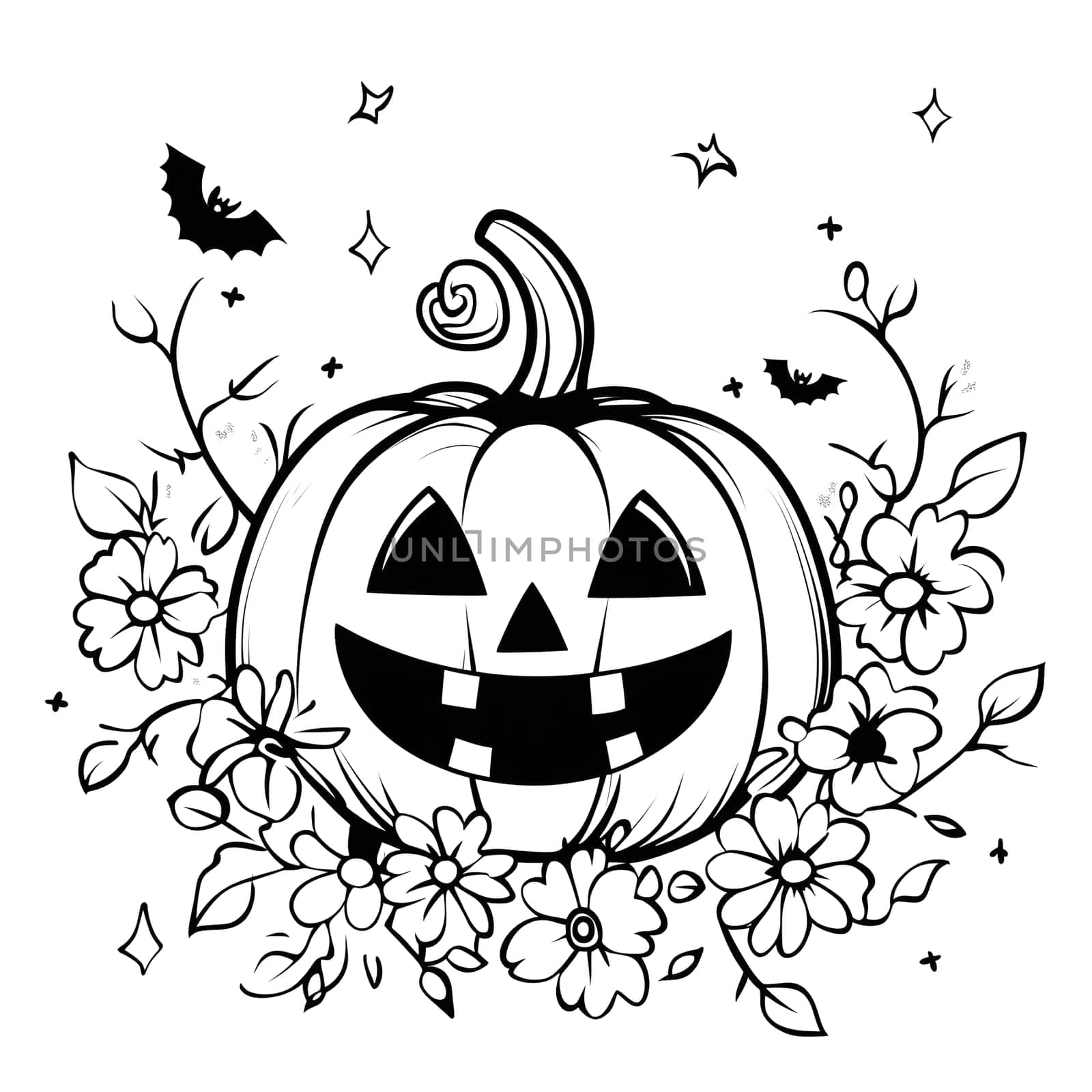 A friendly jack-o-lantern smiles with its carved face, surrounded by decorative floral elements. The black and white illustration captures the spirit of Halloween.