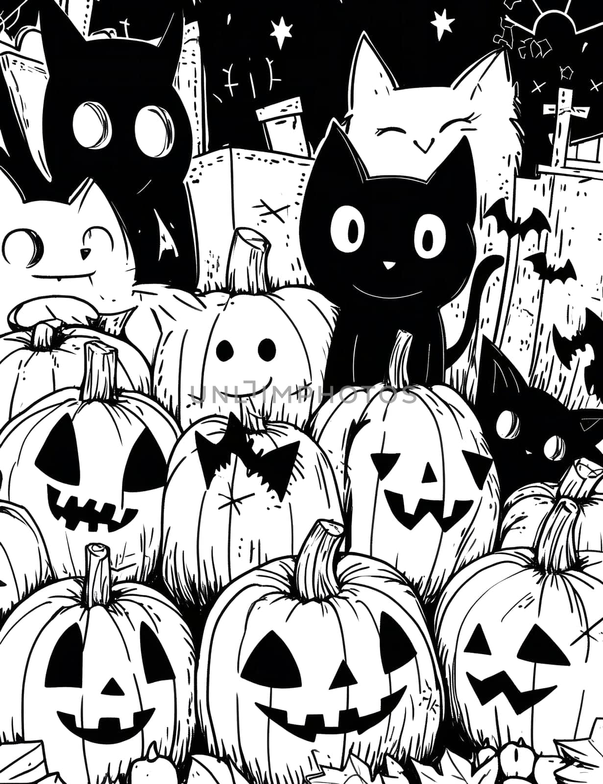 Halloween illustration with jack-o-lanterns and black cats