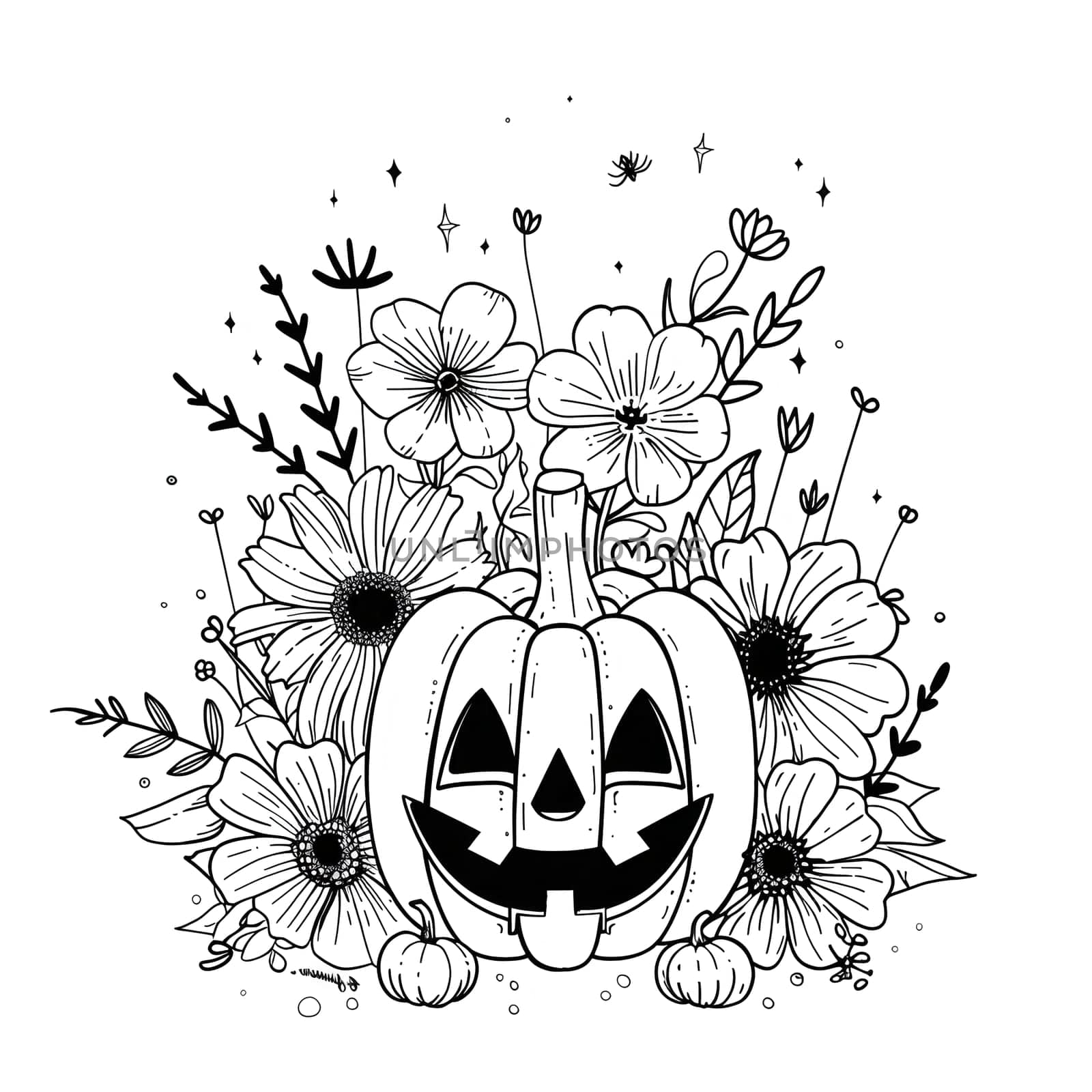 Hand-drawn illustration of a smiling pumpkin with floral decoration. The pumpkin is surrounded by flowers, vines, and leaves in a black and white style. The flowers surround the pumpkin in a circular pattern.