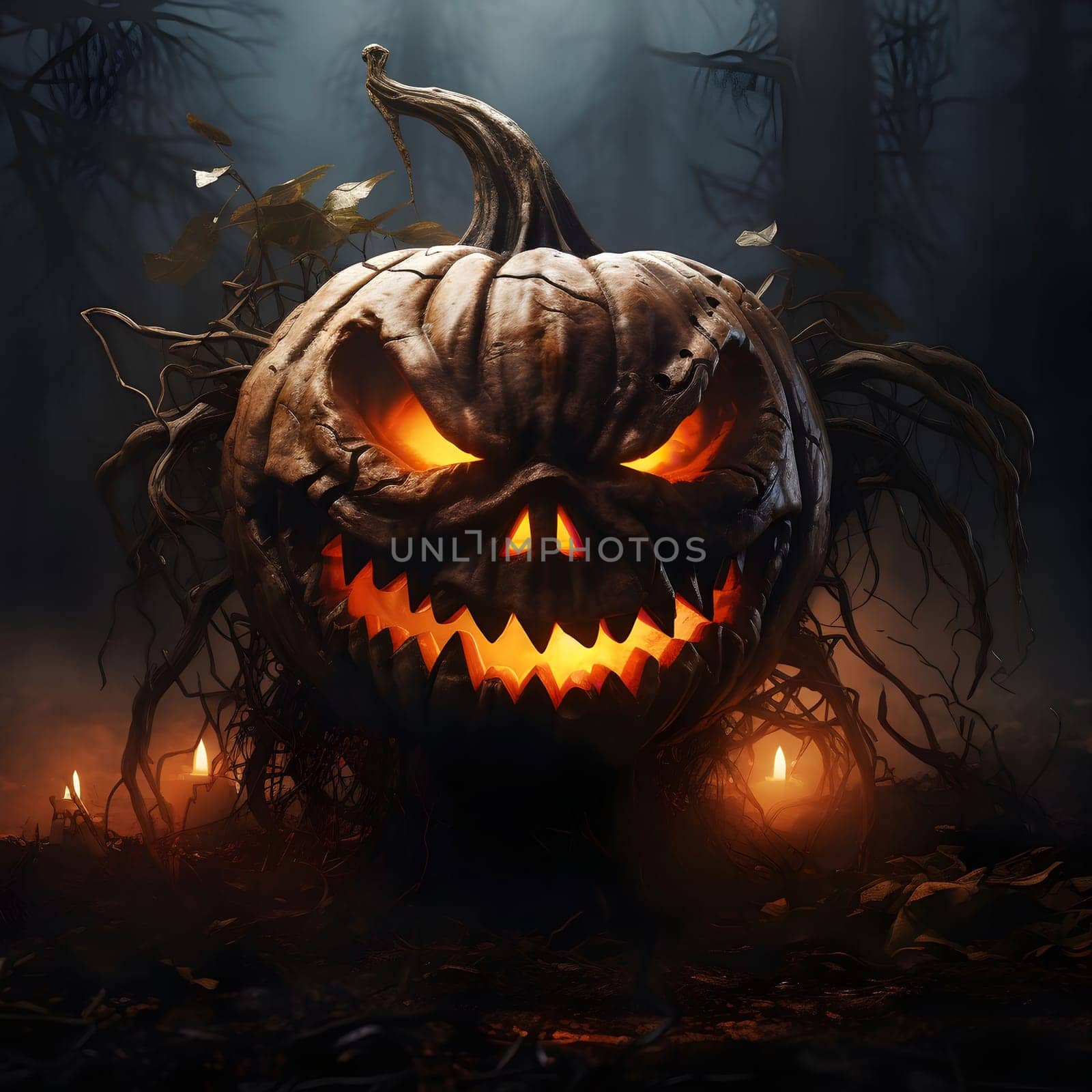 A menacing jack-o-lantern with a glowing smile sits in a dark and mysterious forest. The pumpkin is surrounded by fog and candles, creating a spooky atmosphere