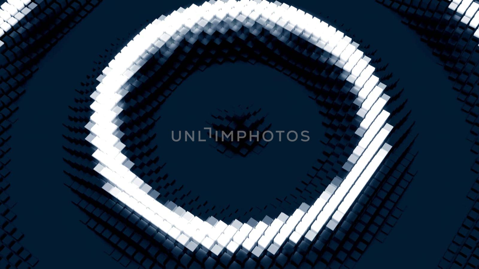 Circular rings moving in waves to center. Design. Pixel 3d circles move in waves on surface. Wave rings or ripples on surface. Rewind.
