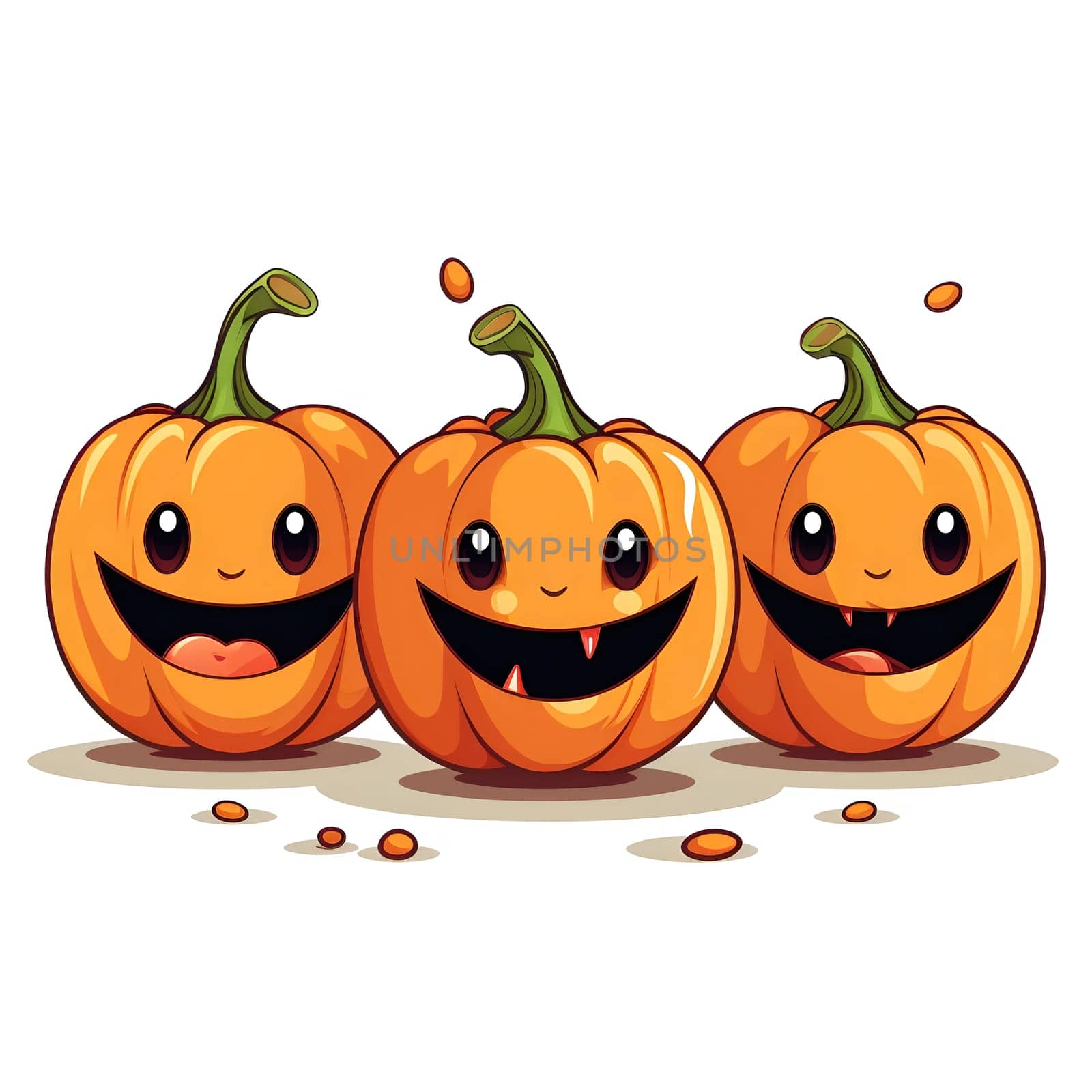 Three cartoon pumpkins with smiling faces, perfect for Halloween decorations.