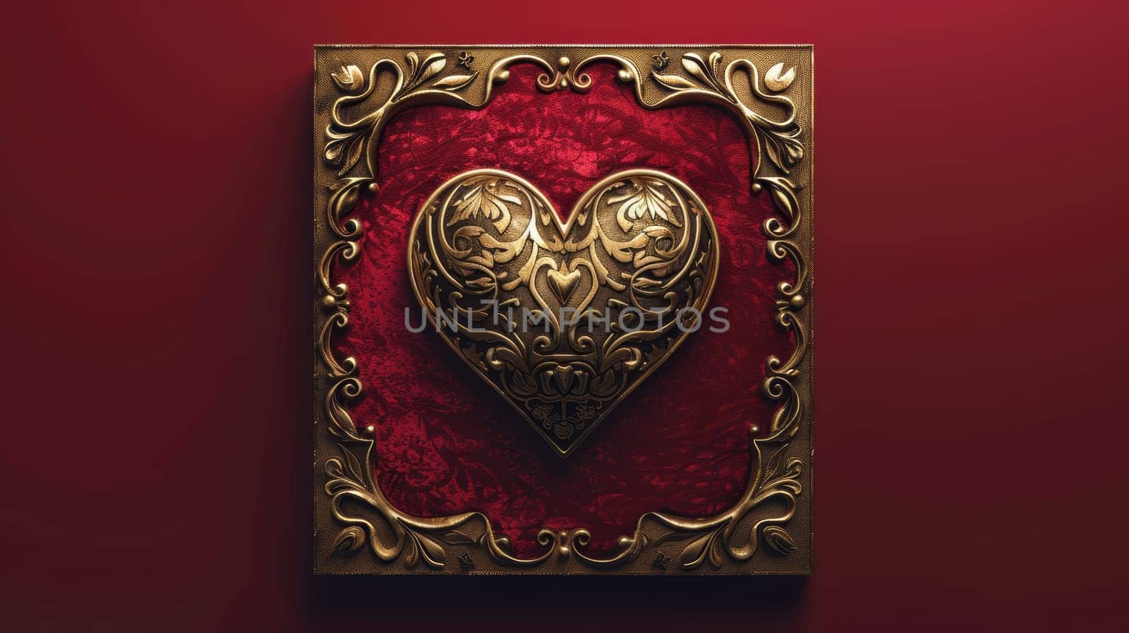 Luxurious greeting card design featuring a rich velvet red background and an intricate ornamental gold heart. perfect for expressing deep affection and elegance, ideal for valentine's day or romantic occasions.