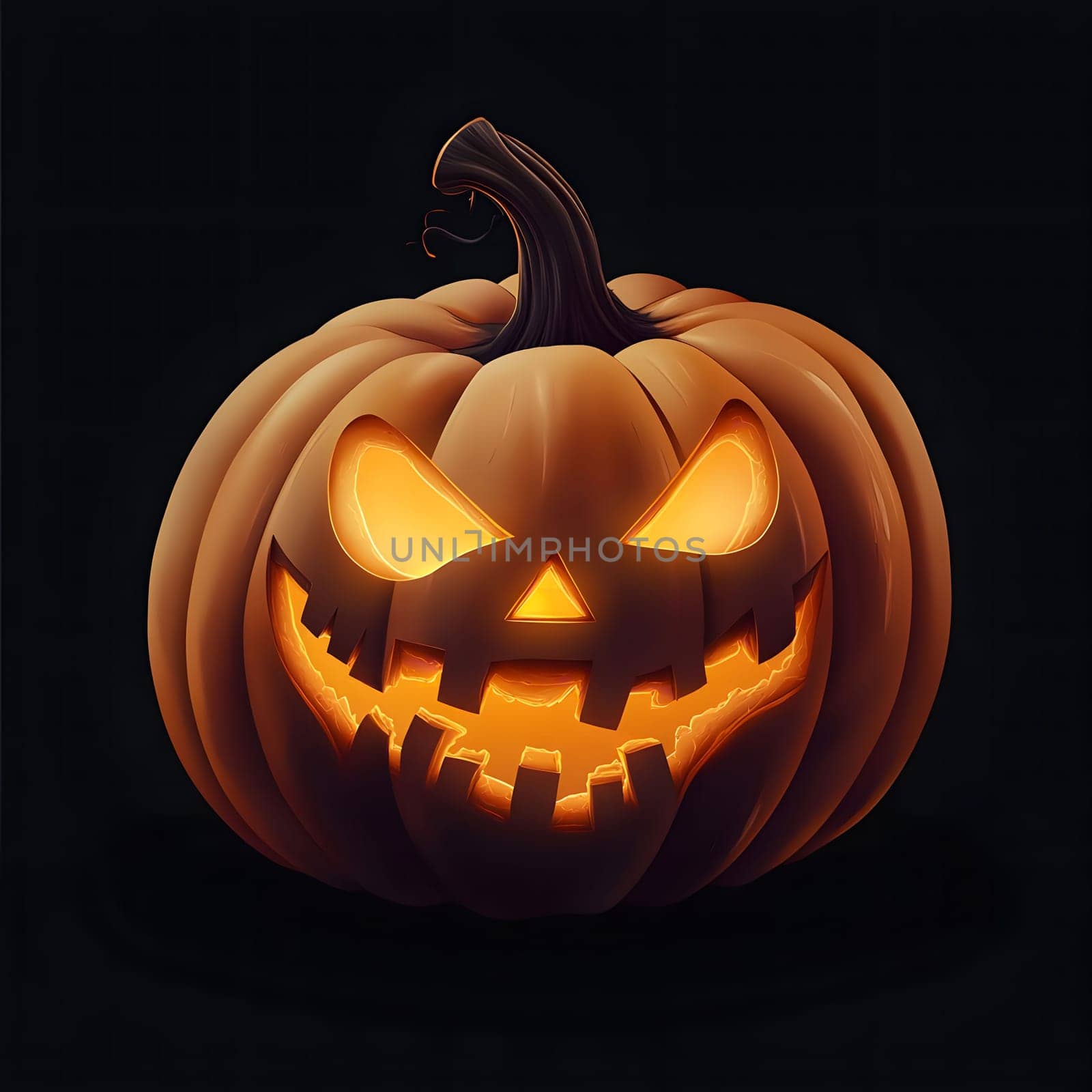 A glowing jack-o-lantern with a carved spooky face on a dark background