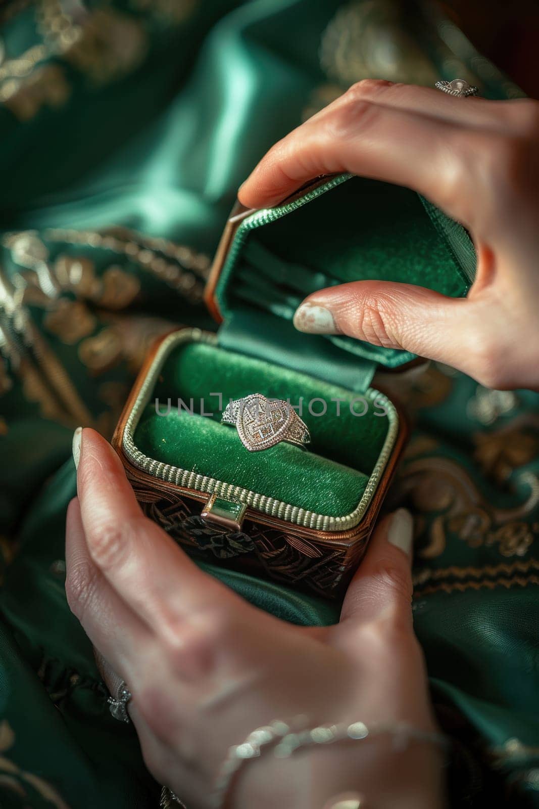 A close-up view of a traditional irish claddagh ring with intricate details, symbolizing love and friendship. set in a green satin-lined jewelry box adorned with shamrock motifs, it reflects cultural heritage.