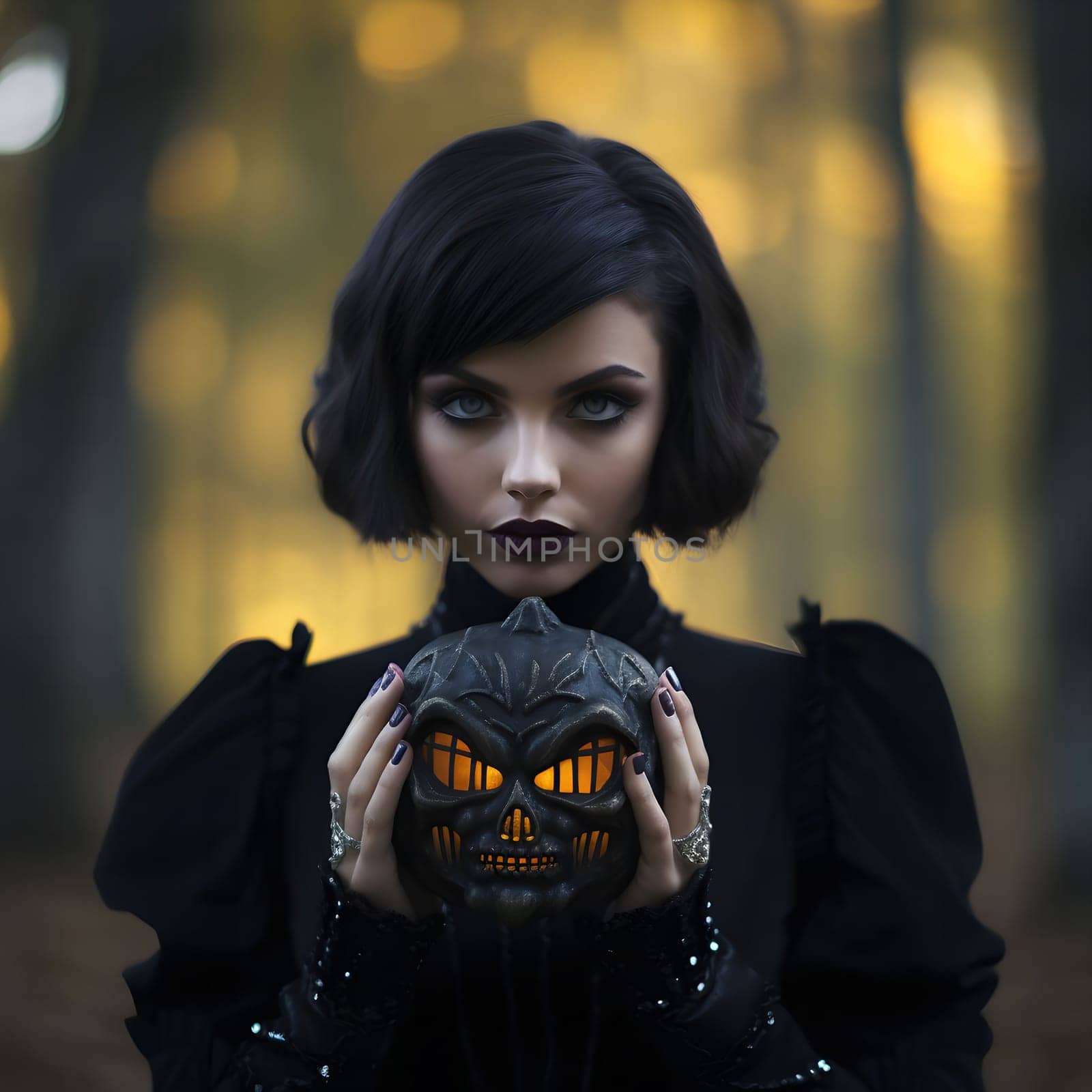 A woman in a mysterious black dress holds a glowing skull in the woods. The image has a dark and spooky atmosphere.