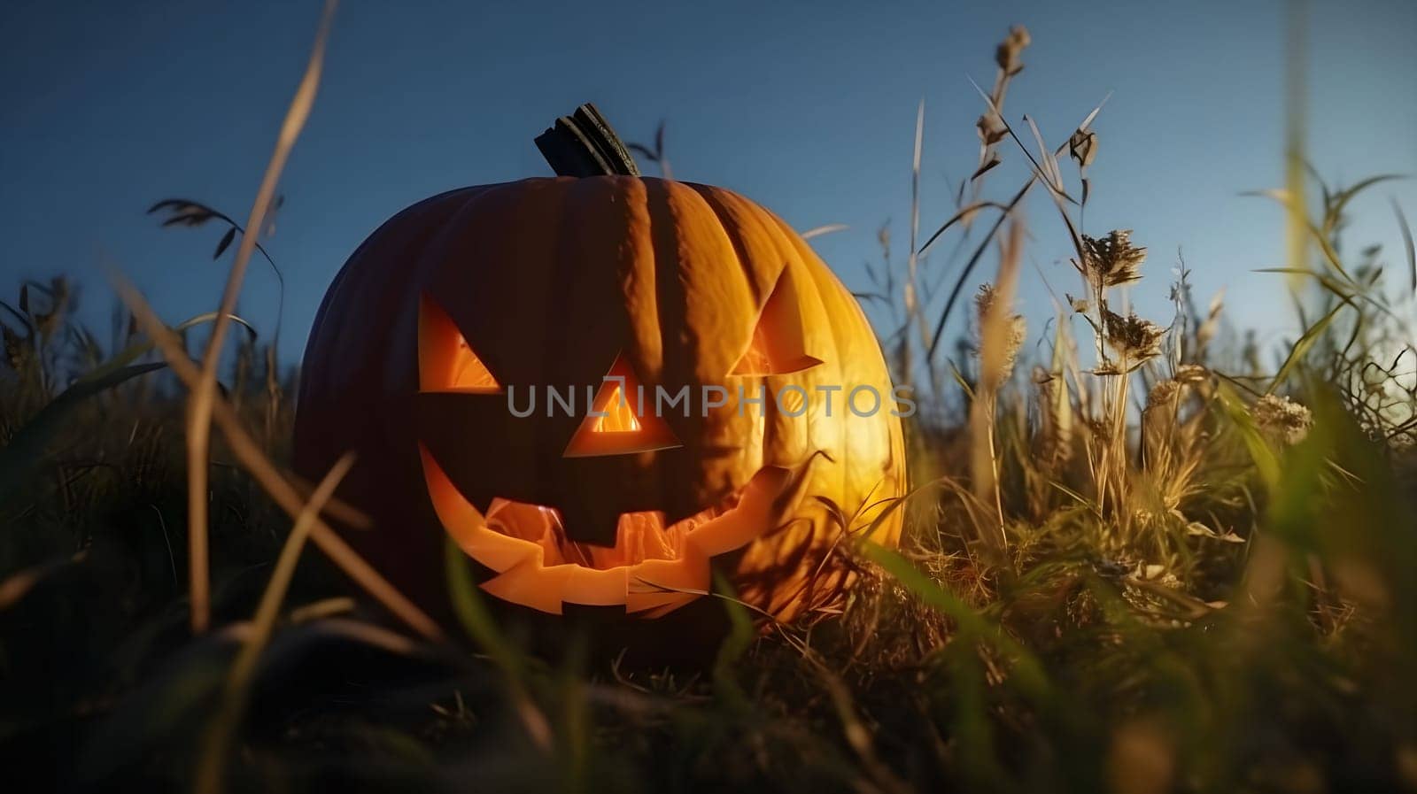 A close-up shot of a lit jack-o'-lantern in a field of tall grass. The pumpkin's grinning face is illuminated from within, casting a warm glow against the darkening sky.