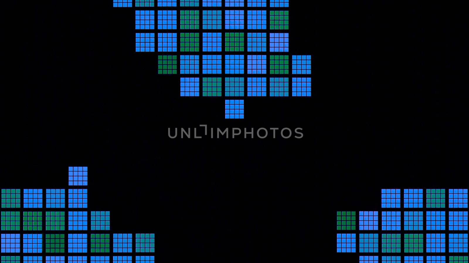 Retro background with moving mosaic squares on black background. Design. Colored squares randomly move on black background. Retro game background with squares.